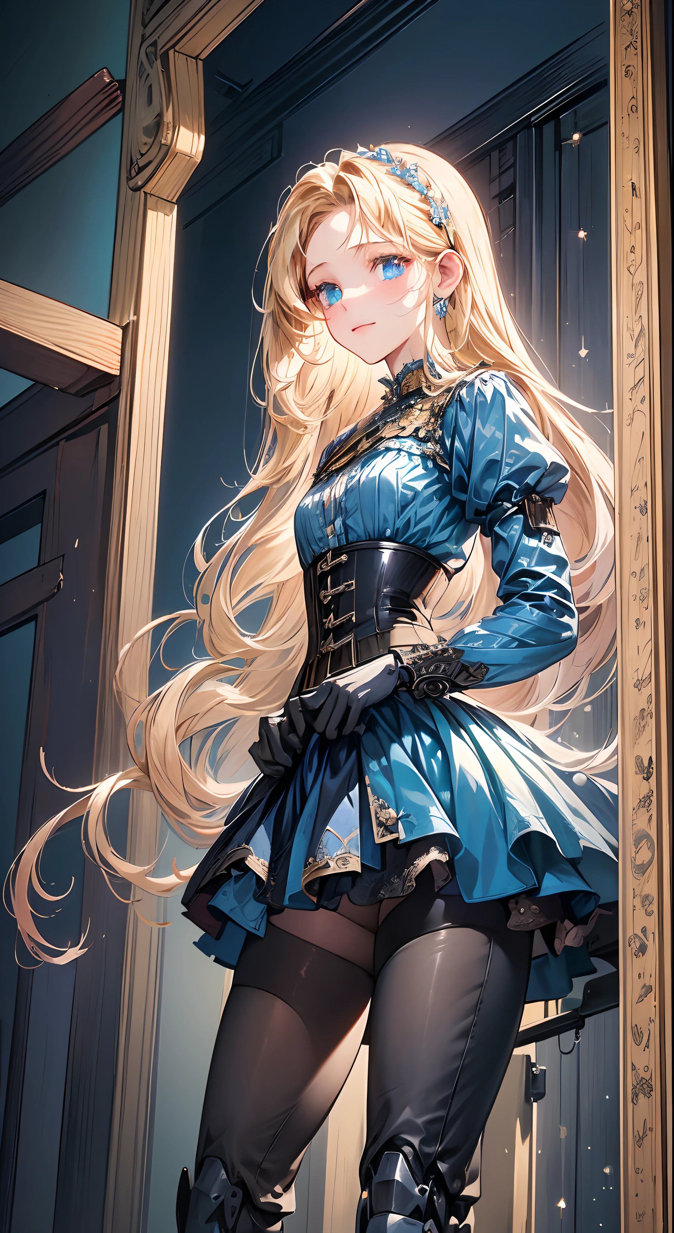 (((masterpiece)))、((top-quality))、(The ultra-detailliert)、(CG Illustration)、(Very Beautiful Little Girl))、Cinematic Light、((1 Mechanical Girl))、 scientific fiction、Apocalypse、Erotic grotesque、research institute(Beautiful and indulgent:1.2)、(1girl in:1.3)、Facing the front,a blond,Corset Belt,Blue high-waisted skirt,