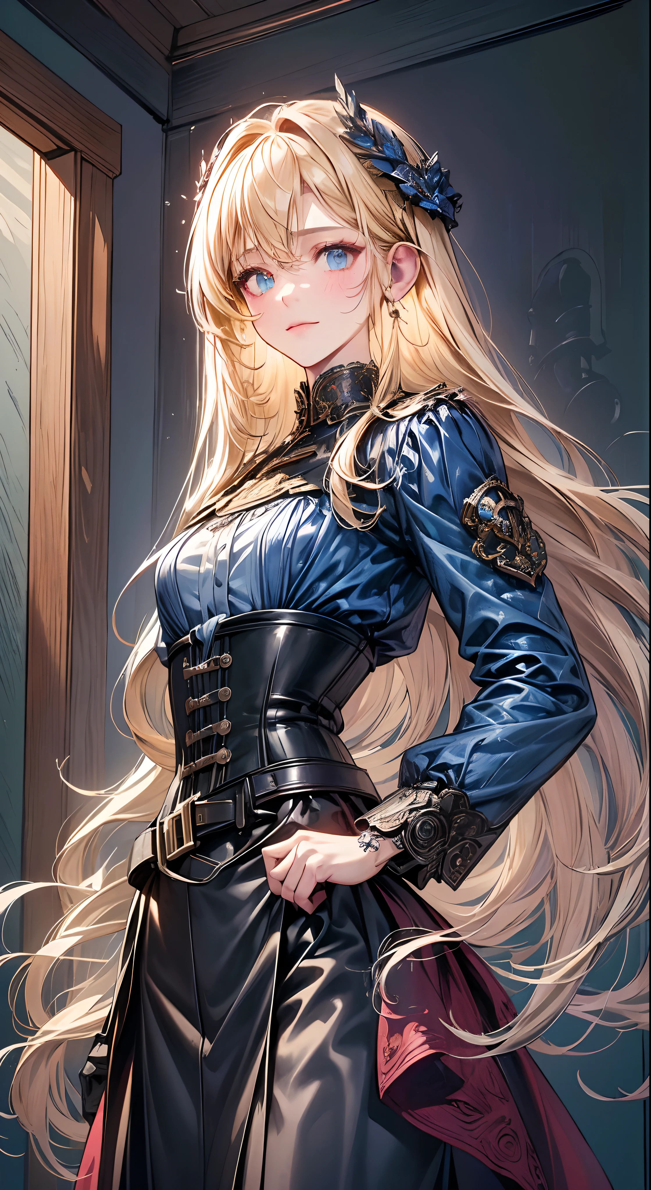 (((masterpiece)))、((top-quality))、(The ultra-detailliert)、(CG Illustration)、(Very Beautiful Little Girl))、Cinematic Light、((1 Mechanical Girl))、 scientific fiction、Apocalypse、Erotic grotesque、research institute(Beautiful and indulgent:1.2)、(1girl in:1.3)、Facing the front,a blond,Corset Belt,Blue high-waisted skirt,
