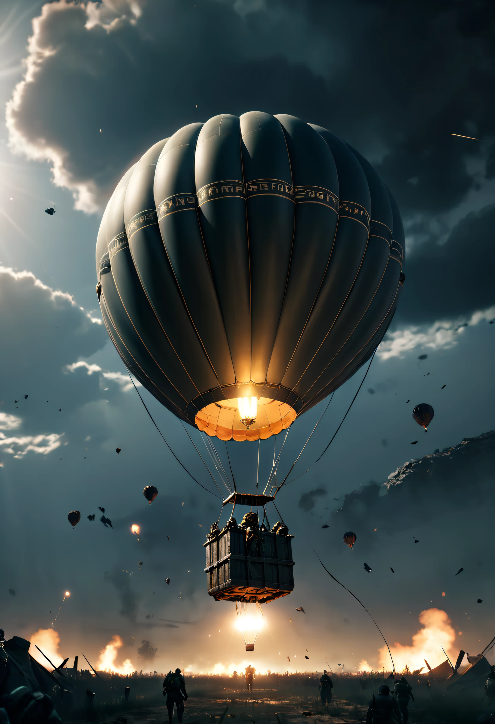 A detailed war hot air balloon, metal gear solid ambiance, (epic), battle scarred, sunbeams, (war ambiance) , sharp lighting, high contrast, (floating particles:1.2), (cinematic, film grain:1.1), (macro photo:1.2), masterpiece, best quality, 8k