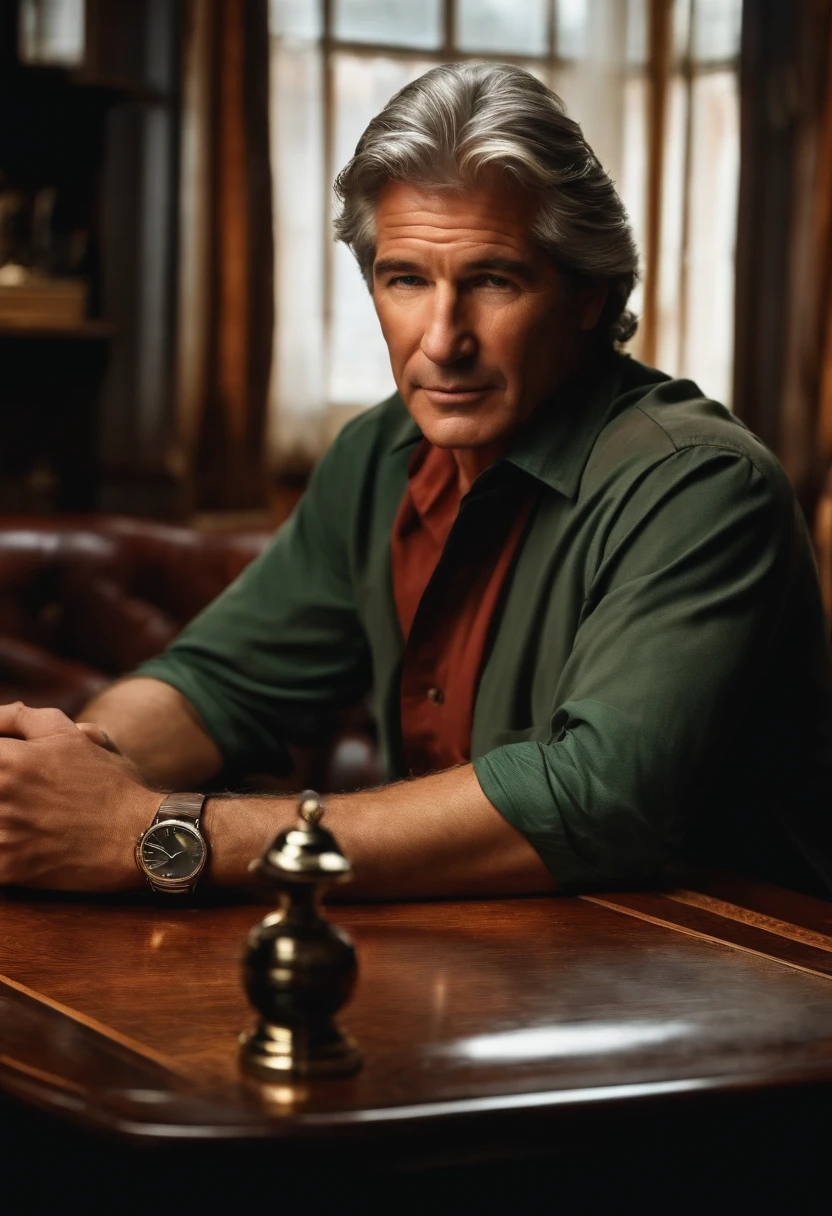 Gere imagem de um homem com barbar, engenheiro sentado projetando numa mesa de desenho