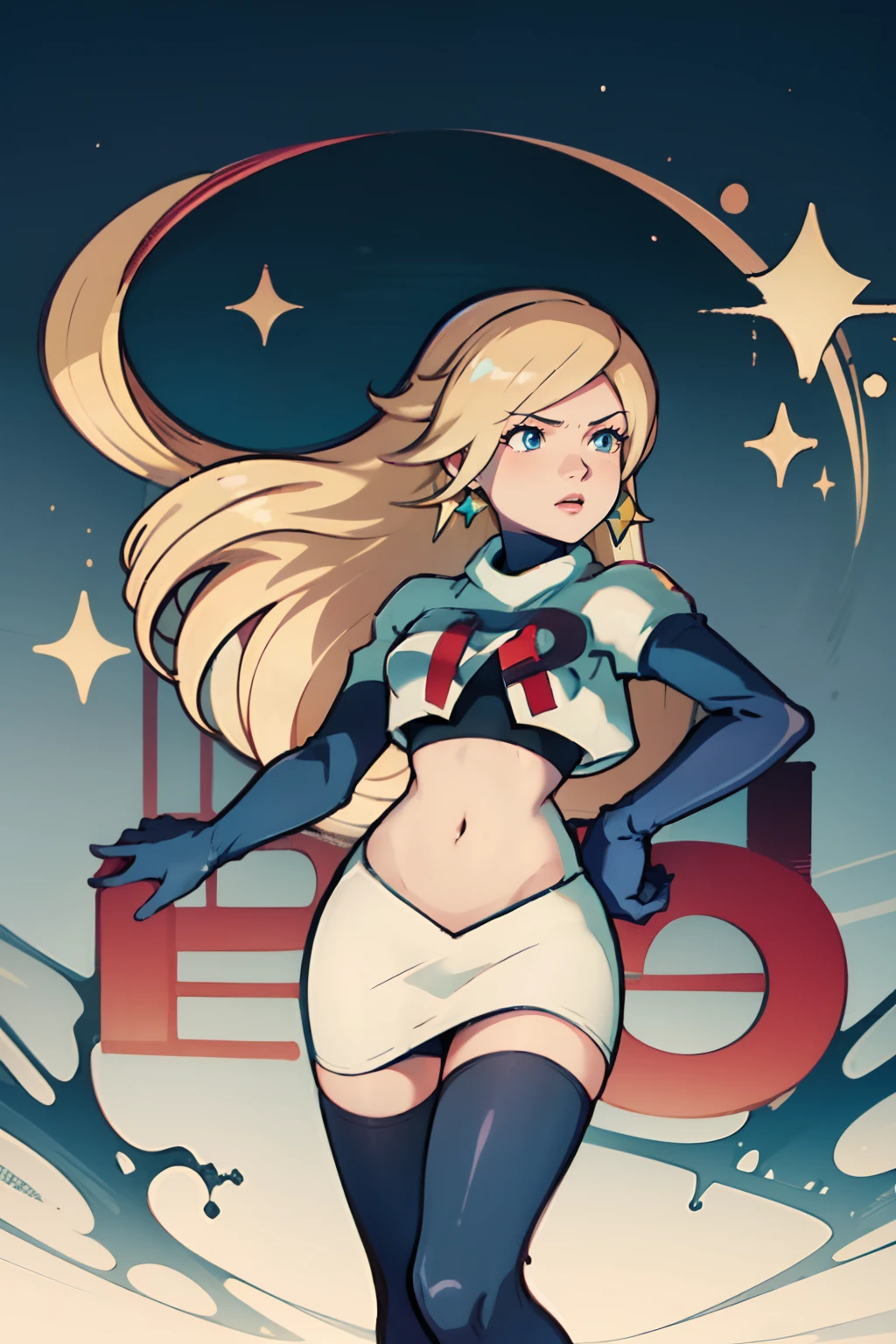 rosalina,team rocket,team rocket uniform, red letter R, white skirt,white crop top,black thigh-highs,black elbow gloves, floating