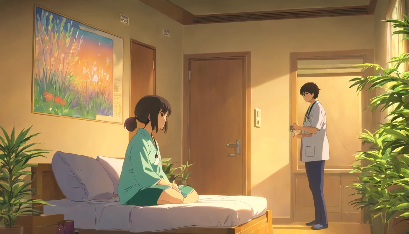Psychological care poster，A scene where a girl is being treated, Sitting in a quiet and comfortable room, Talk to your doctor, Who is the man. Girl sitting comfortably in an armchair, And doctors, Still sitting, In the chair in front of her, Listen carefully. The living room is softly lit，Creates a cozy atmosphere, There are some plants and artwork on the walls, Provides a sense of tranquility. The girl sincerely expresses her feelings and thoughts, And doctors, A man who looks friendly and professional, Listen to it with empathy and understanding. The scene exudes an atmosphere of support and care，This is essential during treatment.