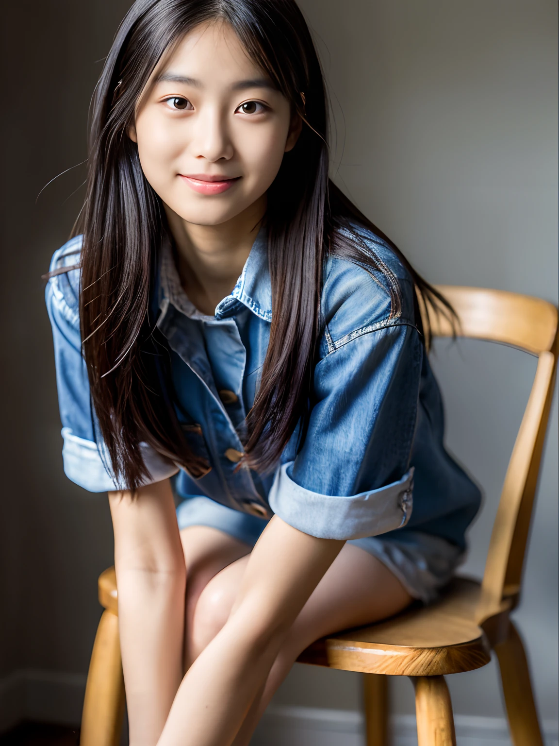 1 Nogizaka Musume, Very cute, a beauty girl, 17 age, Beautiful face, eyes and skin with exquisite detail, Detailed black hair, Smile at the camera, cowboy  shot, the way from school to home, profetional lighting, BREAK, (realisitic, Photorealsitic:1.37), 8K, (​masterpiece), (top-quality:1.4), (超A high resolution:1.2), (Raw photography:1.2)、(super detailed beautiful cloths)、perfect anatomia、4fingers and 1thumb、hyper detailed background、(Wallpapers by Unity 8K)、Sit on a chair and open your legs、Underwear is white