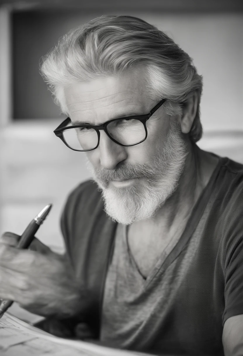 Gere imagem de um homem com barba, engenheiro sentado projetando numa mesa de desenho, Using ruler and pencil, em papel grande