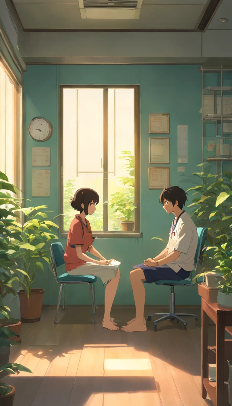 Psychotherapy poster,A scene where a girl is being treated, Sitting in a quiet and comfortable room, Talk to your doctor, Who is the man. Girl sitting comfortably in an armchair, and doctors, Still sitting, In the chair in front of her, Listen carefully. The living room is softly lit,Creates a cozy atmosphere, There are some plants and artwork on the walls, Provides a sense of tranquility. The girl sincerely expresses her feelings and thoughts, and doctors, A man who looks friendly and professional, Listen with empathy and understanding. The scene exudes an atmosphere of support and caring,This is crucial during treatment.
