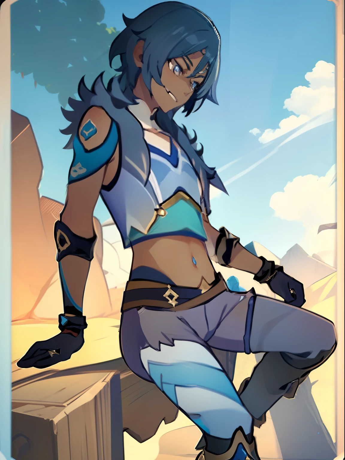 (( 1 boy solo)) ,mykaeya, Kaeya from  Genshin Impact on team Aquas outfit ,bandana, striped crop top, armband, black shorts, black gloves, striped leggings, blue boots, long Blue hair, Smug Grin