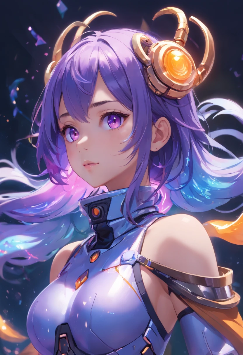 Best quality,masterpiece,ultra high res,(photorealistic:1.4),1girl,1 cyberpunk mechanical makeover,girl,Full body, full body field of view,Half mechanically modified body,Beautiful face,The mechanized mask skin has been opened,It's glowing with neon inside,The body is surrounded by purple mist,Surrounded by golden ring-shaped charms,(Purple eye shadow,largeeyes,The blue mechanical prosthetic eye alone is glowing purple:5.9),(cyber punk style,Oil painting texture,full lenght shot,arte 3D,detail-rich,afofuturism)(Very long gray-purple gradient hair,Wave like the tentacles of many octopuses:1.7),exaggeration,Delicate hairstyles and headdresses,A scarf like blue petals,Swinging with the wind,(The mechanically made neck and arms reveal the orange color of the diode:1.7),(Holographic reality,holographic halo,dynamic blur,Game lighting effects,rim-light,Soft light,cinematic rim light,The light is delicate),There are circular light-emitting devices on the back,Machinary,line,Neon light,Contre-Jour,very high res,closeup cleavage,Clarity enhancement,cold shades,full bodyesbian,full body in view