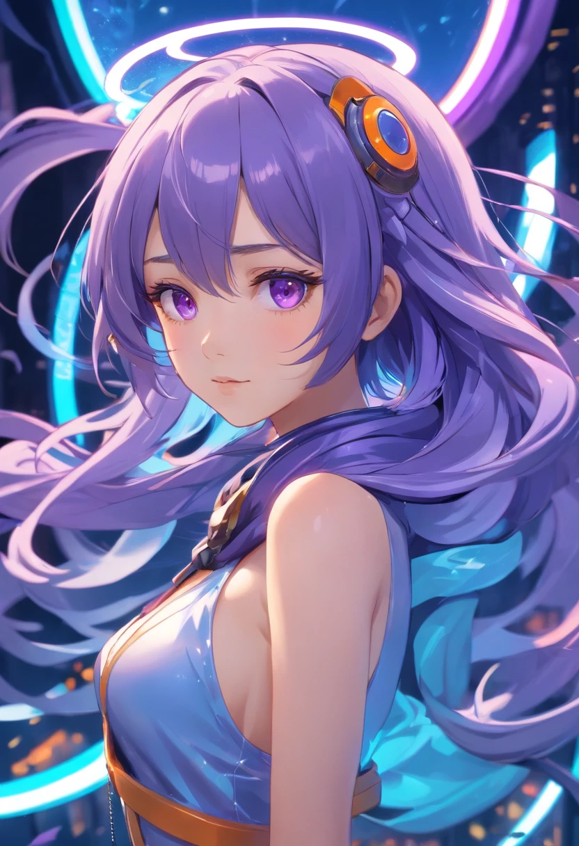 Best quality,masterpiece,ultra high res,(photorealistic:1.4),1girl,1 cyberpunk mechanical makeover,girl,Full body, full body field of view,Half mechanically modified body,Beautiful face,The mechanized mask skin has been opened,It's glowing with neon inside,The body is surrounded by purple mist,Surrounded by golden ring-shaped charms,(Purple eye shadow,largeeyes,The blue mechanical prosthetic eye alone is glowing purple:5.9),(cyber punk style,Oil painting texture,full lenght shot,arte 3D,detail-rich,afofuturism)(Very long gray-purple gradient hair,Wave like the tentacles of many octopuses:1.7),exaggeration,Delicate hairstyles and headdresses,A scarf like blue petals,Swinging with the wind,(The mechanically made neck and arms reveal the orange color of the diode:1.7),(Holographic reality,holographic halo,dynamic blur,Game lighting effects,rim-light,Soft light,cinematic rim light,The light is delicate),There are circular light-emitting devices on the back,Machinary,line,Neon light,Contre-Jour,very high res,closeup cleavage,Clarity enhancement,cold shades,full bodyesbian,full body in view