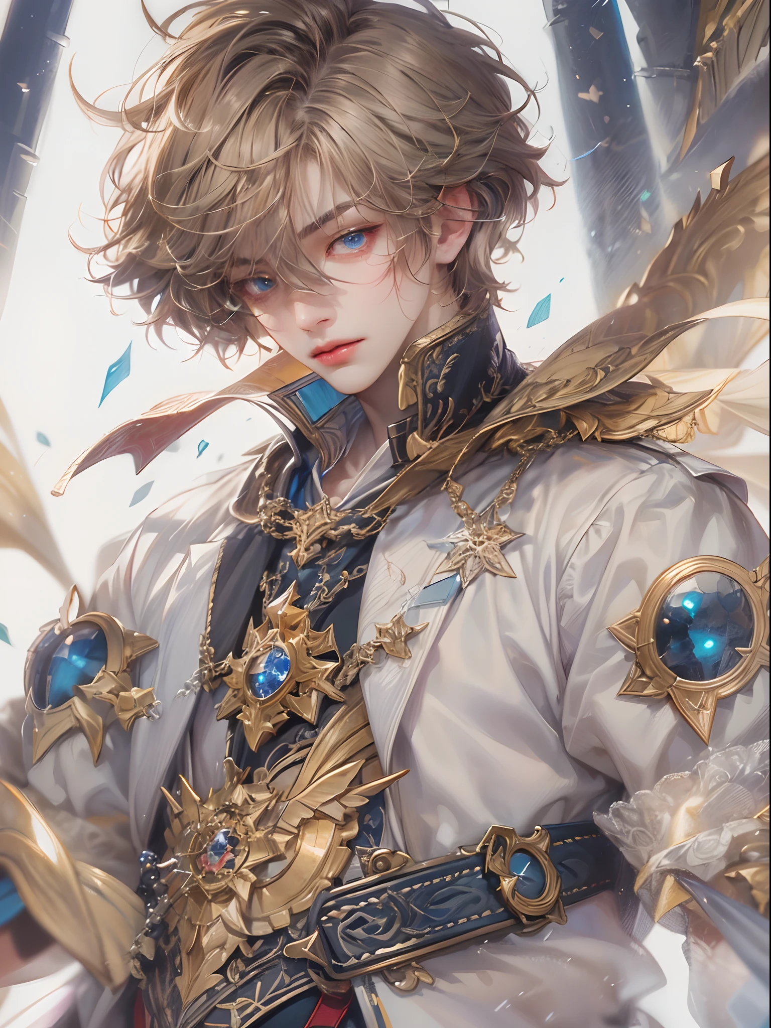 (absurdres, highres, ultra detailed, HDR), masterpiece, best quality, Android Game Character , short hair, handsome boy, anime eyes, Mobile Legends Hero, detailed scebe, detailed character