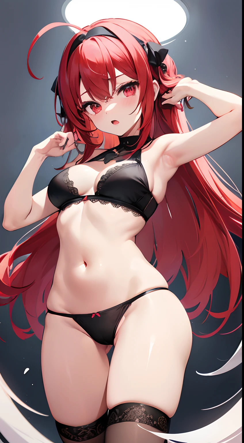1girl, ahoge, armpits, bangs, bare shoulders, black bra, black hairband, black panties, blush, bra, breasts, cowboy shot, crossed bangs, eris greyrat, from below, gradient, gradient background, groin, hair between eyes, hairband, hand up, long hair, looking at viewer, medium breasts, navel, open mouth, panties, panty pull, red eyes, red hair, solo, stomach, thick eyebrows, thighs, underwear, underwear only