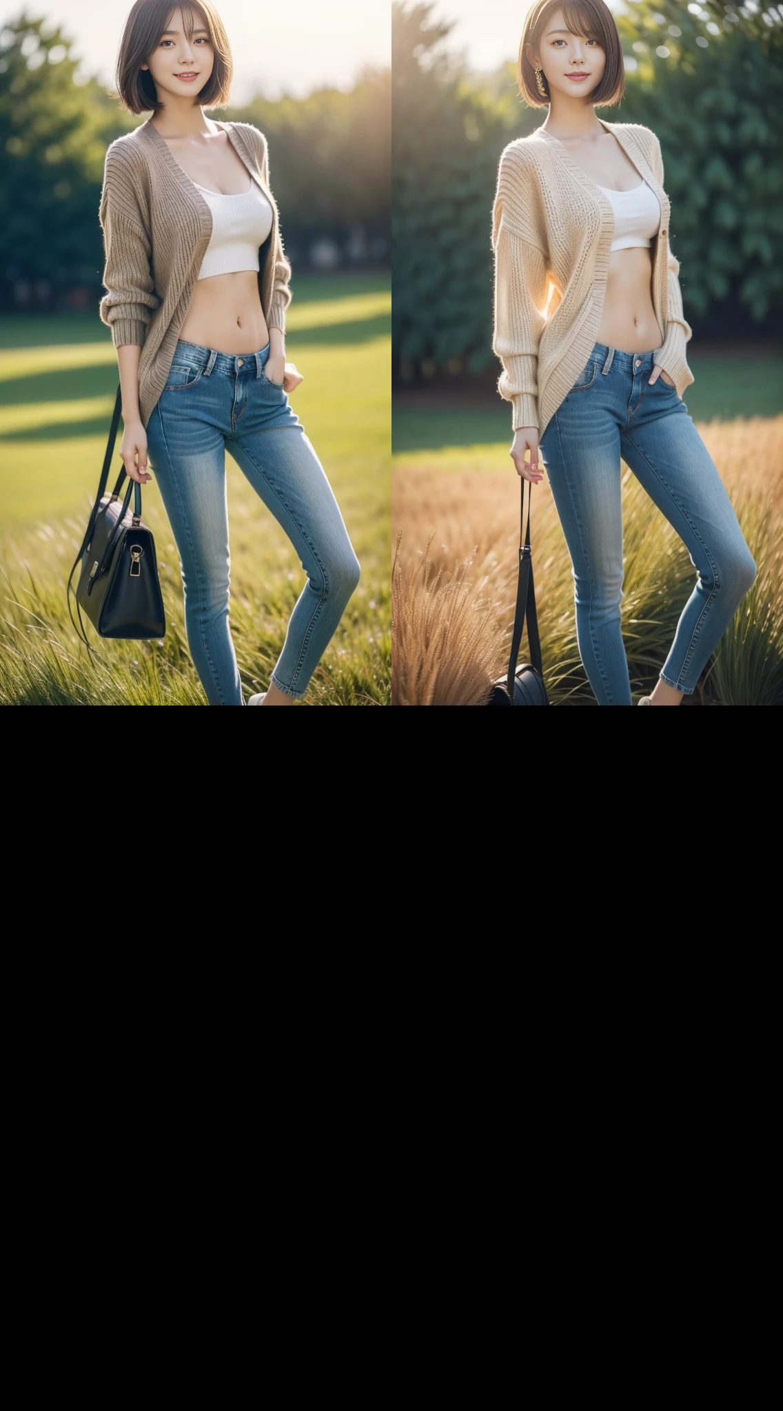 (Rain, grass field: 1.3), One beautiful woman taking a photo on the grass，RAW Photos，tmasterpiece，（highdetailskin：1.2），8K Ultra High Definition，dslr camera，gentlesoftlighting，hightquality，film grains，FujifilmXT3，20 year old asian woman，Dark gray skinny sweater（slim，fits the body snugly，Display beautiful curves）Trendy jeans with open navel，Detailed clothing details:1.5，perfect body type，perfect breasts and nipple bulge，the calf is straight and thin，（（Branded Fashion Travel Shoes:1.5）），Melon Seed Face，short detailed hair，Ultra-detailed facial details and skin，Fair and fair skin，二重まぶた，ultradetailed eyes，A sweet smile，Beautiful accessories，Detailed finger，(Gloss on lips, Eye lashes, Glossy face, Best Quality, 超A high resolution, warm color，Wide Lighting, Natural Shadow), Sit on the lawn and play，Coquettish Pose，Show off your sexy figure， Full body shooting: 1.8