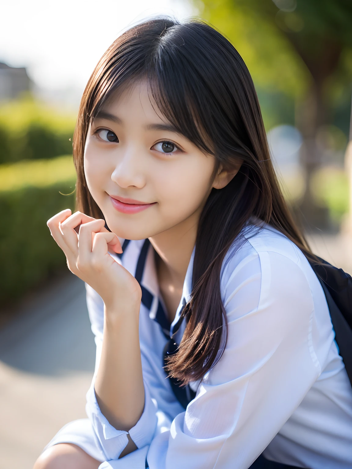 1 Nogizaka Musume, Very cute, a beauty girl, 17 age, Beautiful face, eyes and skin with exquisite detail, Detailed black hair, Smile at the camera, cowboy  shot, the way from school to home, profetional lighting, BREAK, (realisitic, Photorealsitic:1.37), 8K, (​masterpiece), (top-quality:1.4), (超A high resolution:1.2), (Raw photography:1.2)、(super detailed beautiful cloths)、perfect anatomia、4fingers and 1thumb、hyper detailed background、(Wallpapers by Unity 8K)、Sit on a chair and open your legs、Underwear is white
