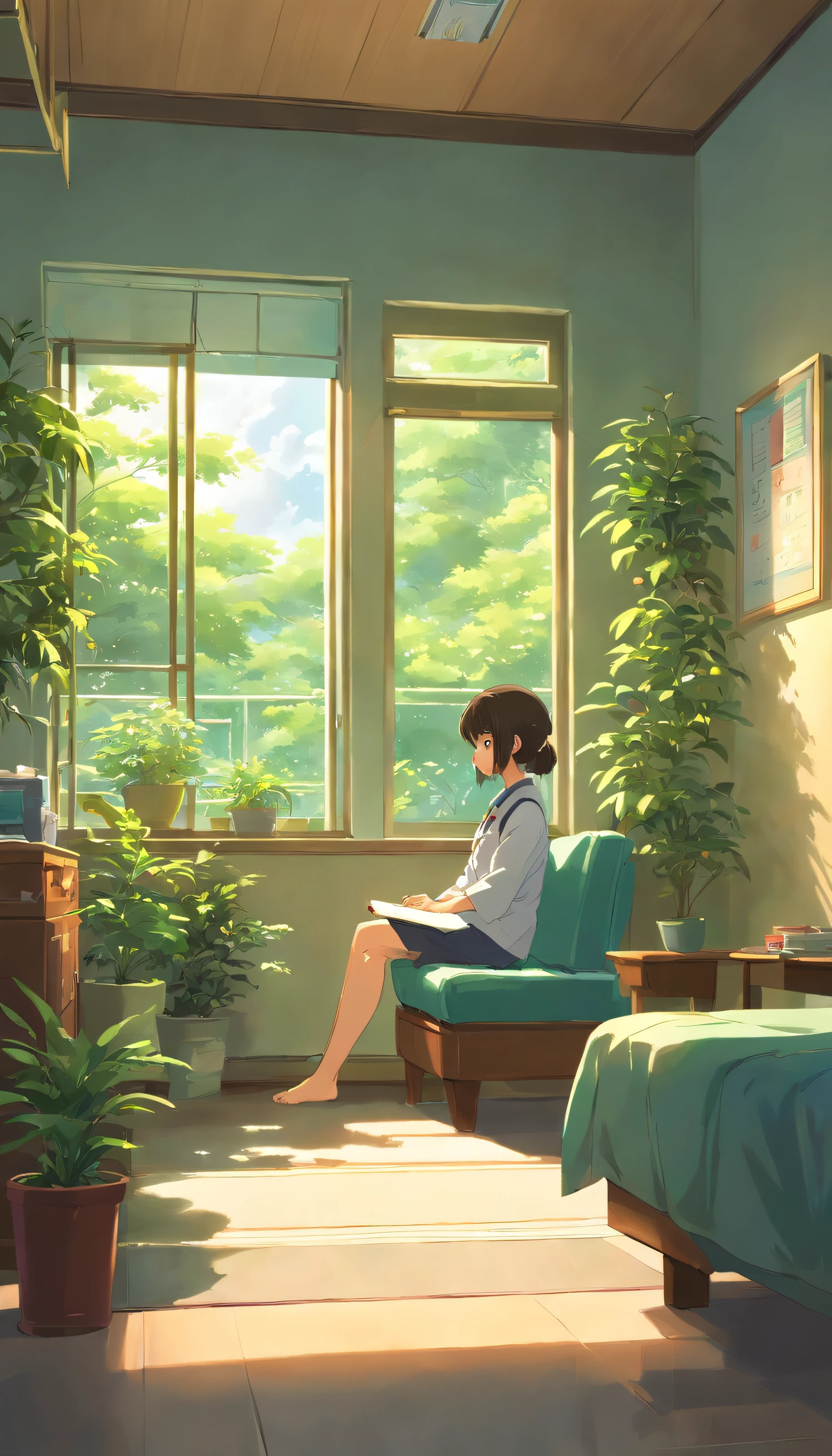 Psychotherapy poster,A scene where a girl is being treated, Sitting in a quiet and comfortable room, Talk to your doctor, Who is the man. Girl sitting comfortably in an armchair, and doctors, Still sitting, In the chair in front of her, Listen carefully. The living room is softly lit,Creates a cozy atmosphere, There are some plants and artwork on the walls, Provides a sense of tranquility. The girl sincerely expresses her feelings and thoughts, and doctors, A man who looks friendly and professional, Listen with empathy and understanding. The scene exudes an atmosphere of support and caring,This is crucial during treatment.