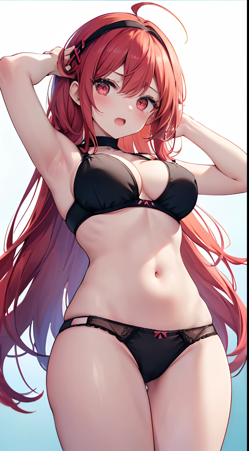 1girl, ahoge, armpits, bangs, bare shoulders, black bra, black hairband, black panties, blush, bra, breasts, cowboy shot, crossed bangs, eris greyrat, from below, gradient, gradient background, groin, hair between eyes, hairband, hand up, long hair, looking at viewer, medium breasts, navel, open mouth, panties, panty pull, red eyes, red hair, solo, stomach, thick eyebrows, thighs, underwear, underwear only
