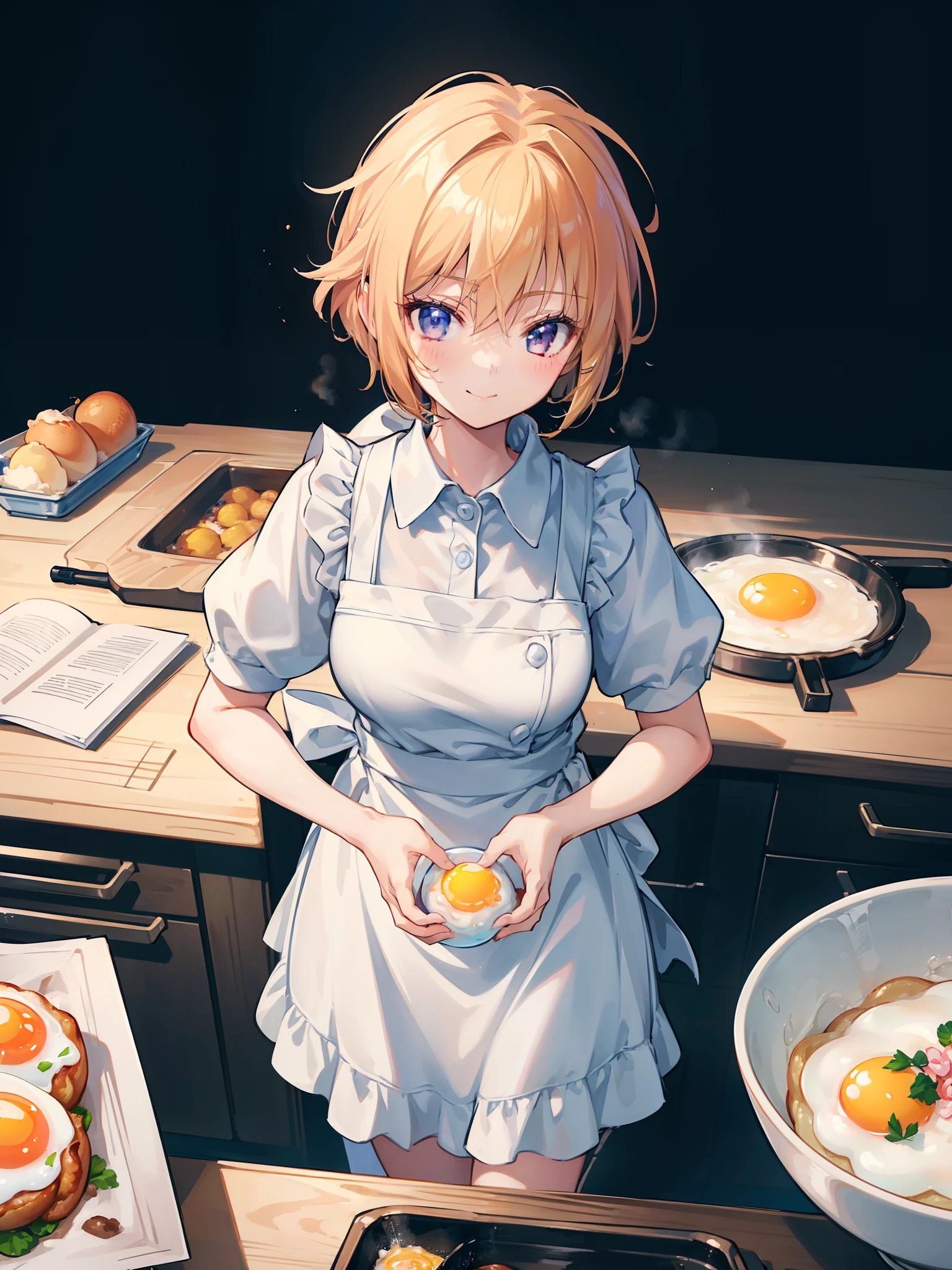 1 girl, cooking fried egg , character focus, close to viewer,from above, smile , apron , high resolution,(incredibly absurdres), (hires.fix:1.3),anime visual,extremely detailed CG unity 8k wallpaper, ((masterpiece)), ((top-quality)), (beautiful illustration,background Tento), ((an extremely delicate and beautiful))