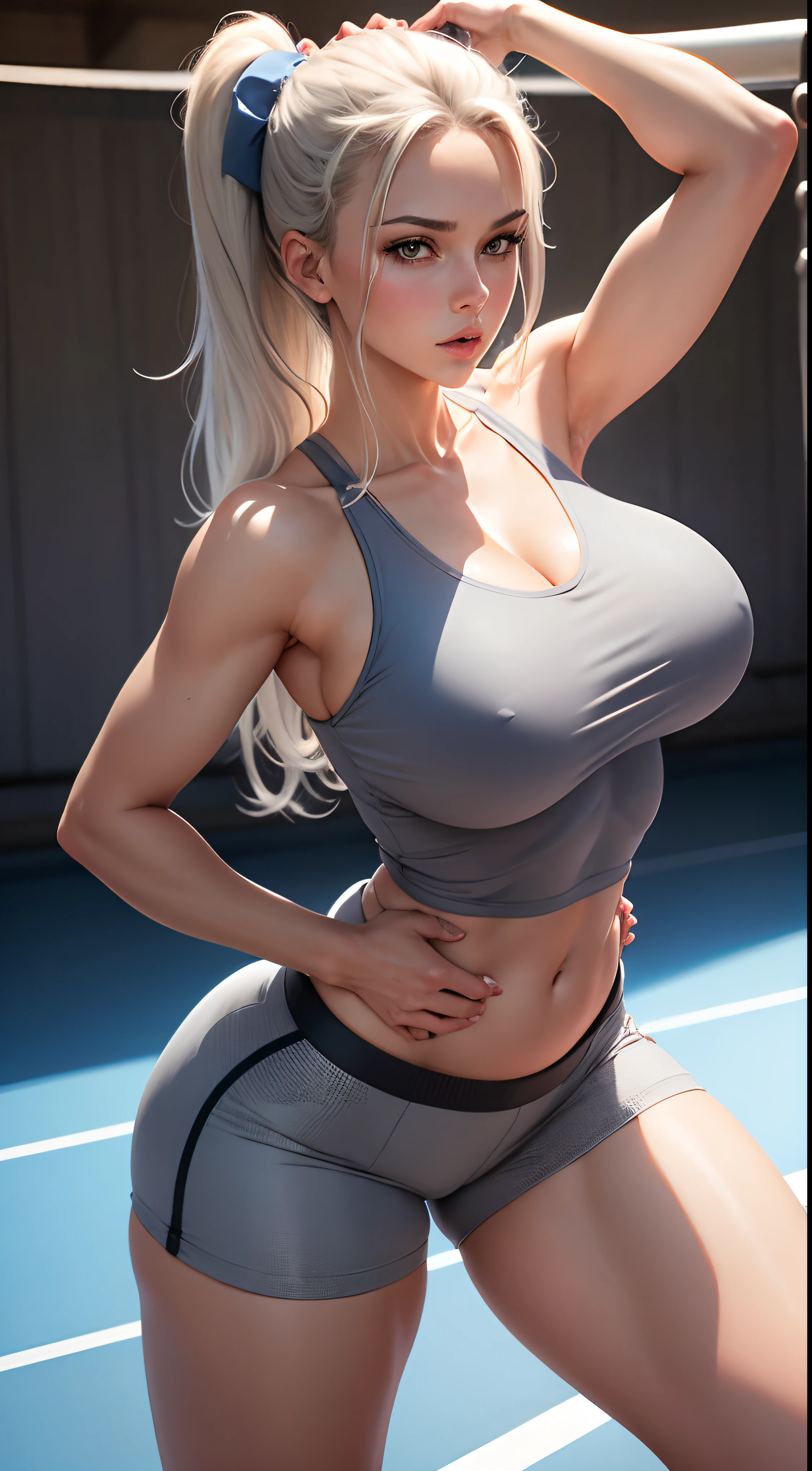 A beautiful woman in tight gray shorts and a white vest poses on a tennis court, tightsuit, Slim waist and thick hips, Big breasts Thin waist, Waist fit, back stance, Skinny woman, healthy woman, Fits the body, Medium Shot Shot, exposed waist!!!, Bare with thighs!!!, Skinny blue T-shirt, Waist circumference - shooting, Almost thin man, tight business suit, Photo fit, wearing simple, Tight clothing, Strike majestic hot poses，Very large breasts，Erogenous big breasts