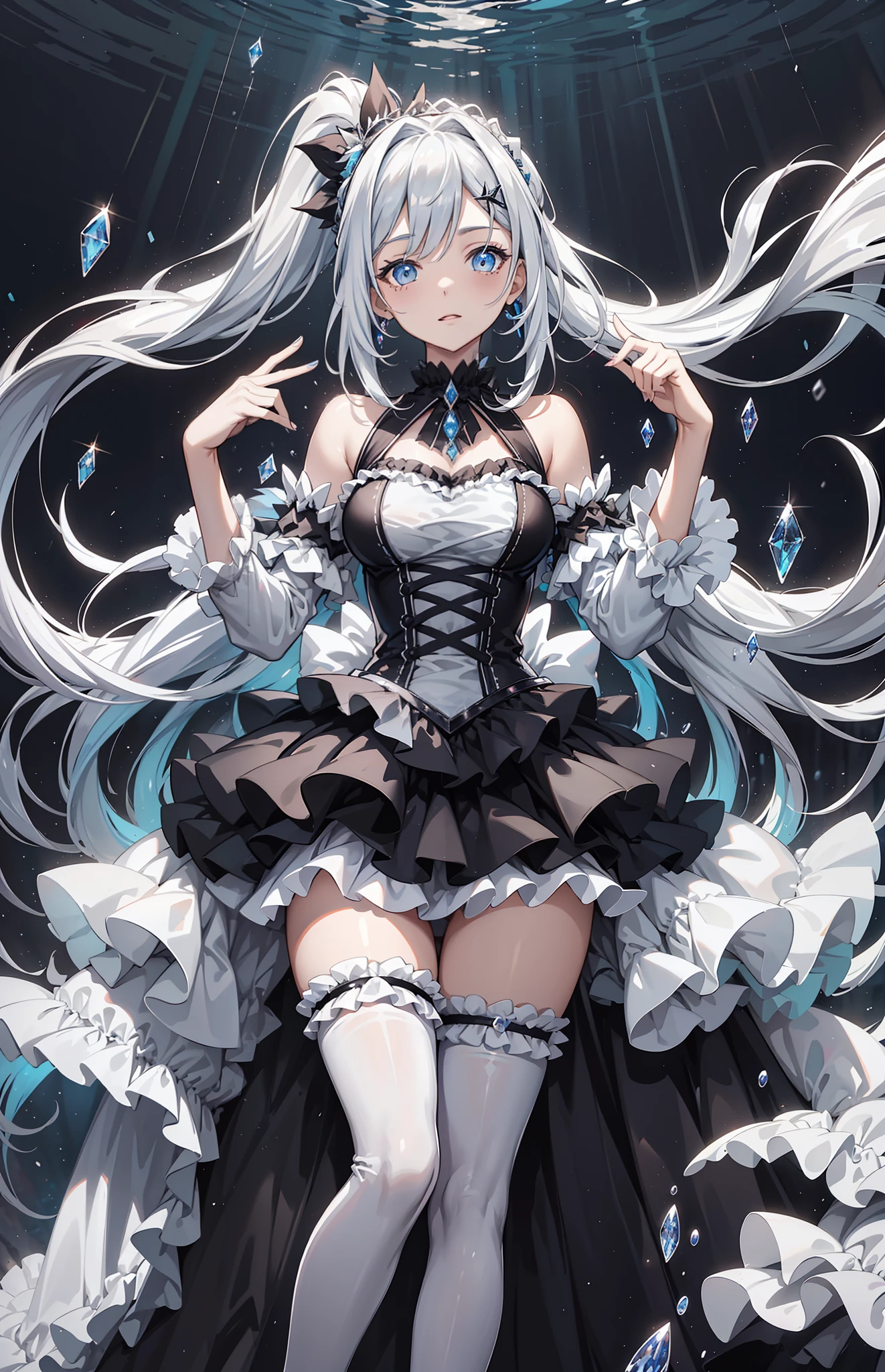 best qualityer，tmasterpiece，Ultimate resolution，downy，Extremely colorful，Colorful，Complete body，Black and white double ponytail，Lolita long dress， White stockings Long legs，Muffin shoes，closeup of face，In a deep-sea environment，Soak in water