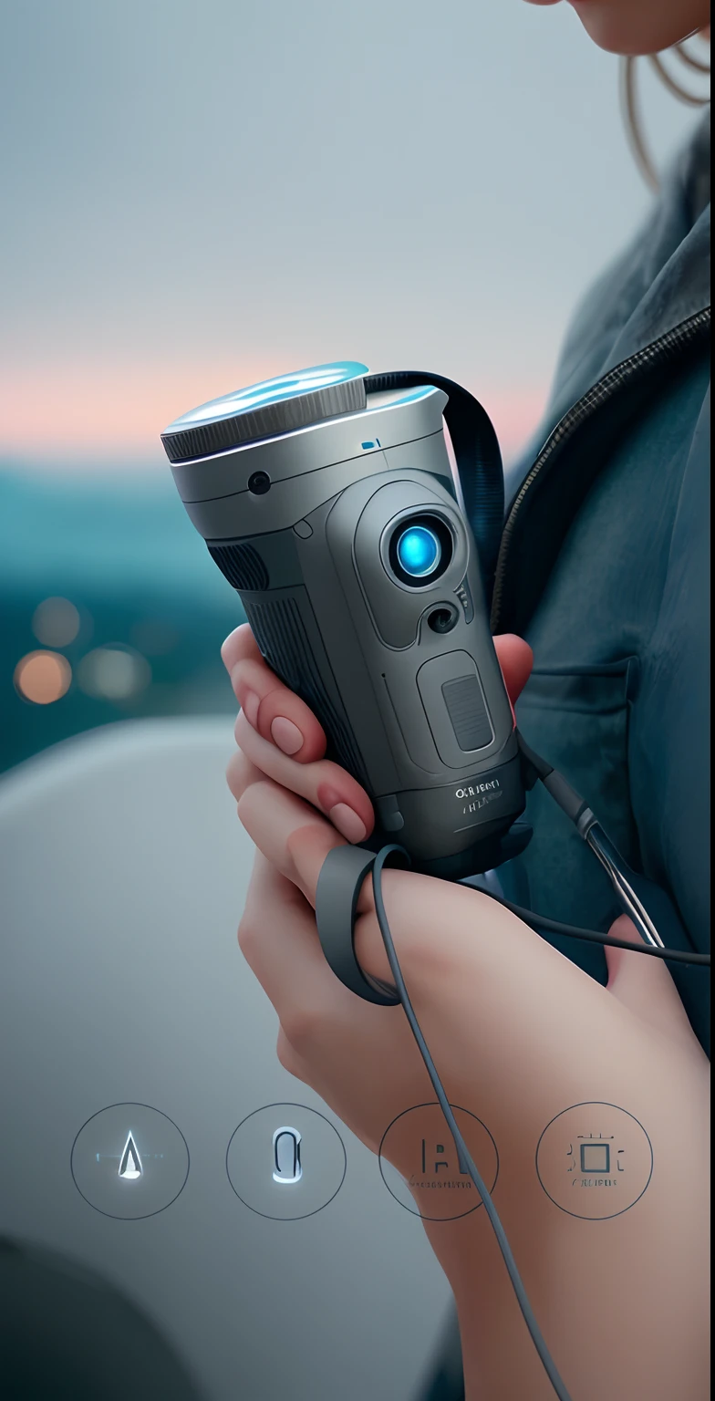 Someone put the camera in a bag with the camera, with electric arc device, realistic lens, easy to use, aesthetic shot, Product photo, Grey, robotic left arm, detailed with high quality, cold as ice! 🧊, Ultra photo realsisim, dramatic shot, Beautiful view, designed for cozy aesthetics!, hyper realisitc, Gray,Divine sense top light,hyperrealism photography,the lighting is subdued,warmth