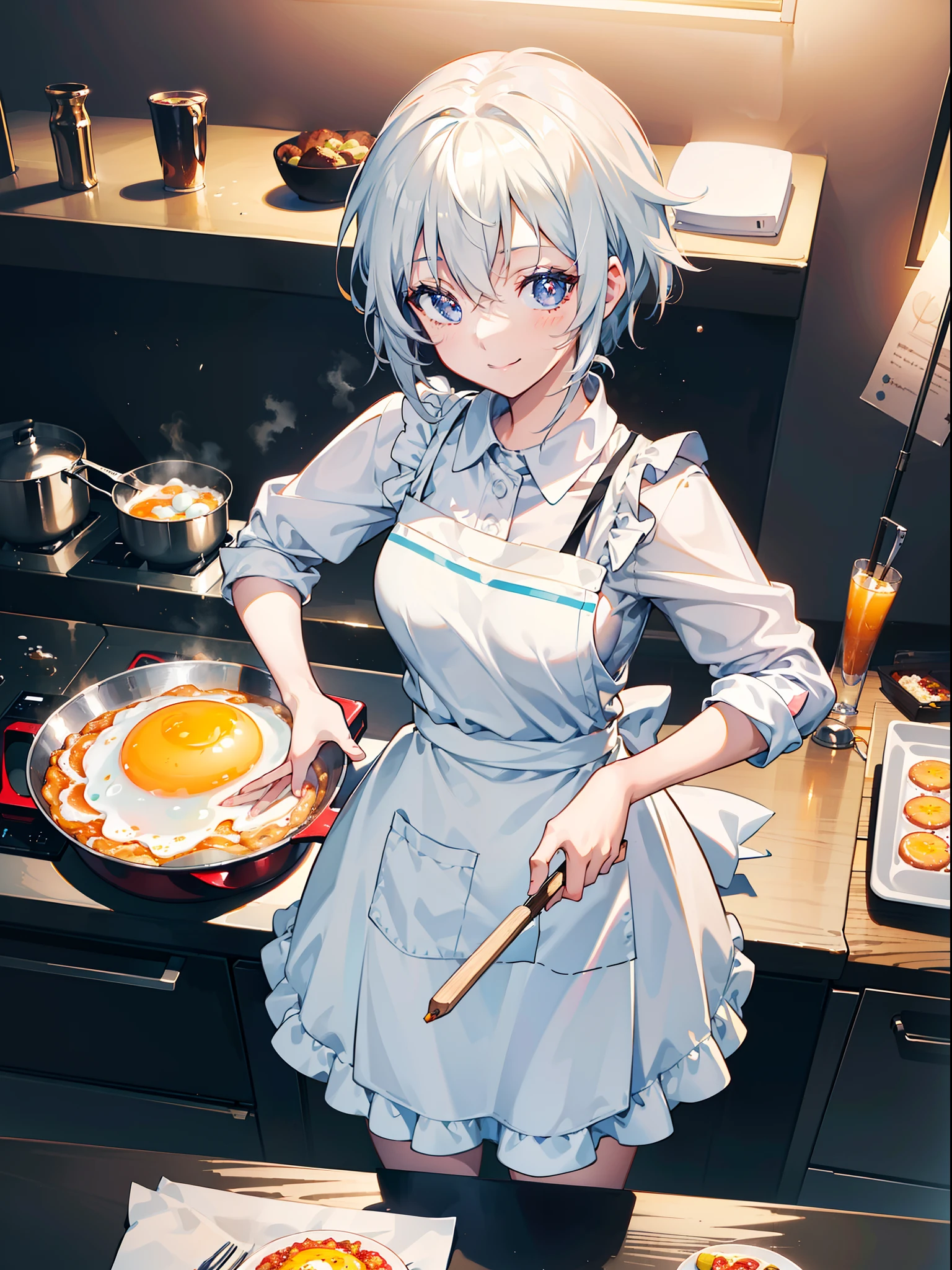 1 girl, cooking fried egg , character focus, close to viewer,from above, smile , apron ,  high resolution,(incredibly absurdres), (hires.fix:1.3),anime visual,extremely detailed CG unity 8k wallpaper, ((masterpiece)), ((top-quality)), (beautiful illustration,background Tento), ((an extremely delicate and beautiful))