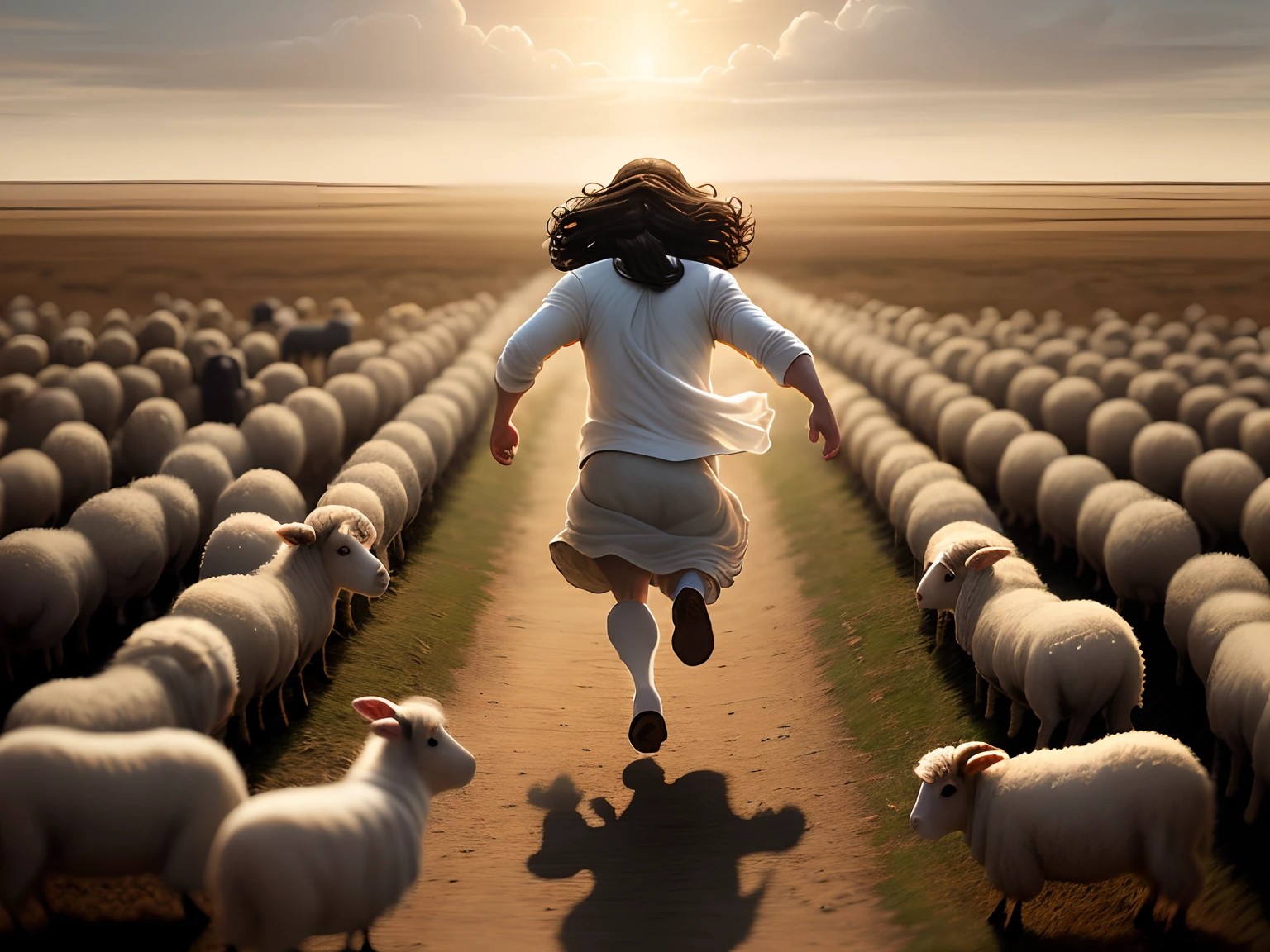 Jesus running after one singular small sheep