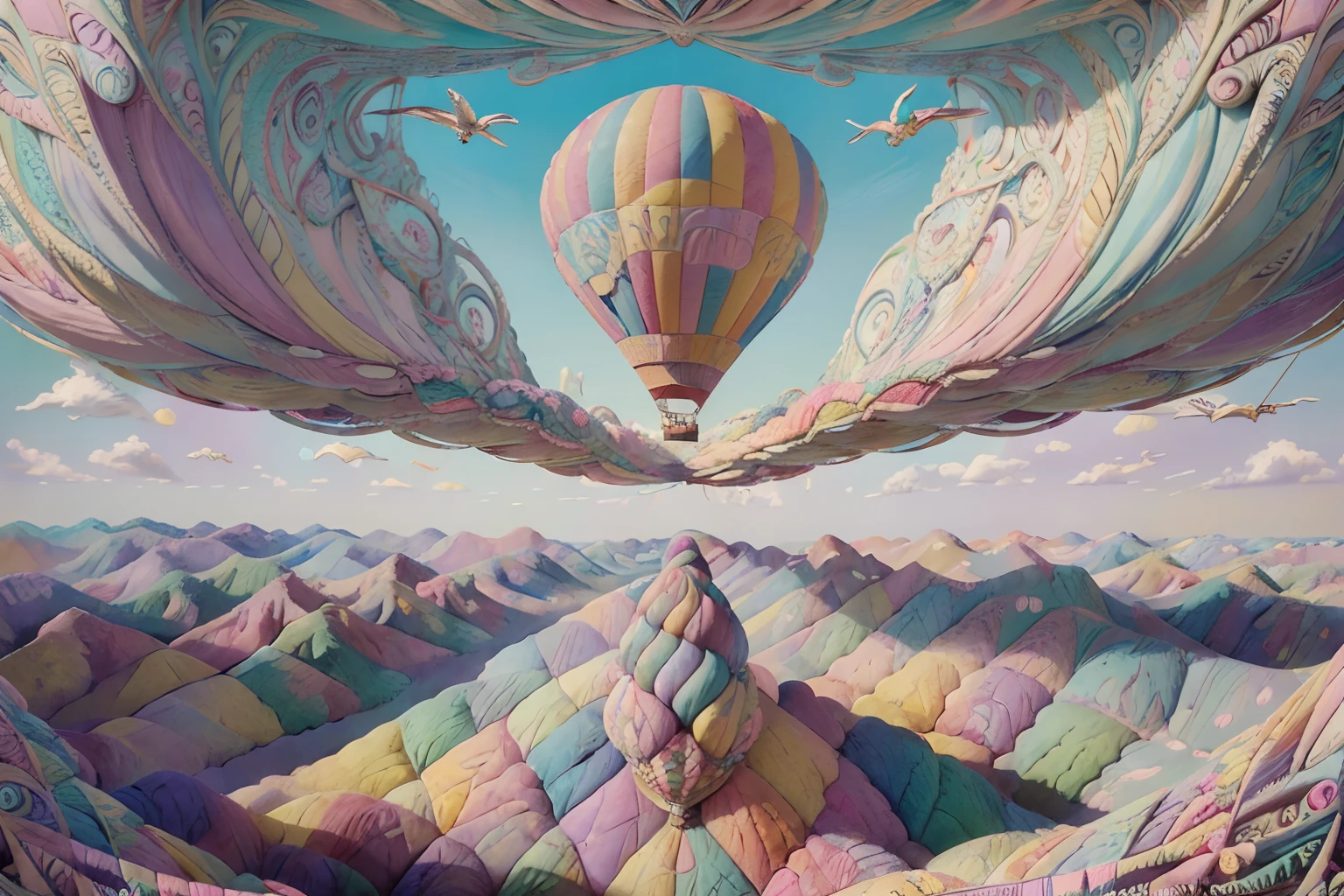 creative and dynamic illustration of a pie taking flight, crust and filling swirling and morphing into a hot air balloon with a touch of surrealism and fantasy, vibrant and colorful, sense of whimsy and wonder, floating above a picturesque wolf landscape, (((pastel color art of masterpiece:1.2))), (((intricate insane details and textures:1.3))),