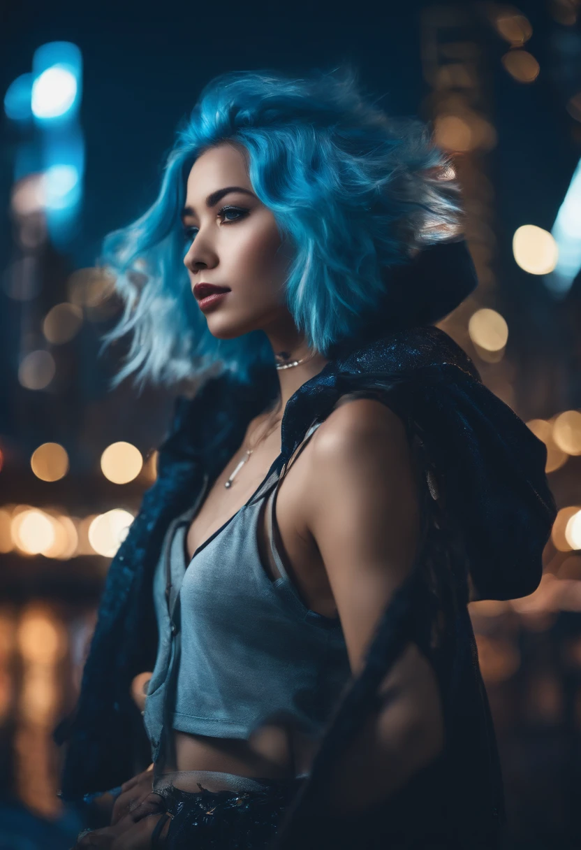 (Masterpiece), Best quality, 超高分辨率,, cyberpunk 1girl flying above stunning cityscape ,The lights on the clothes came on，There is a tattoo on the neck，Hoodie,Blue hair, neon color shooting stars, Very long hair, cropped shoulders, feathers hair ornament, Neon colors, Twinkle, stunning night sky, Cinematic lighting, Photorealistic, Realistic skin, hdr,fish eye