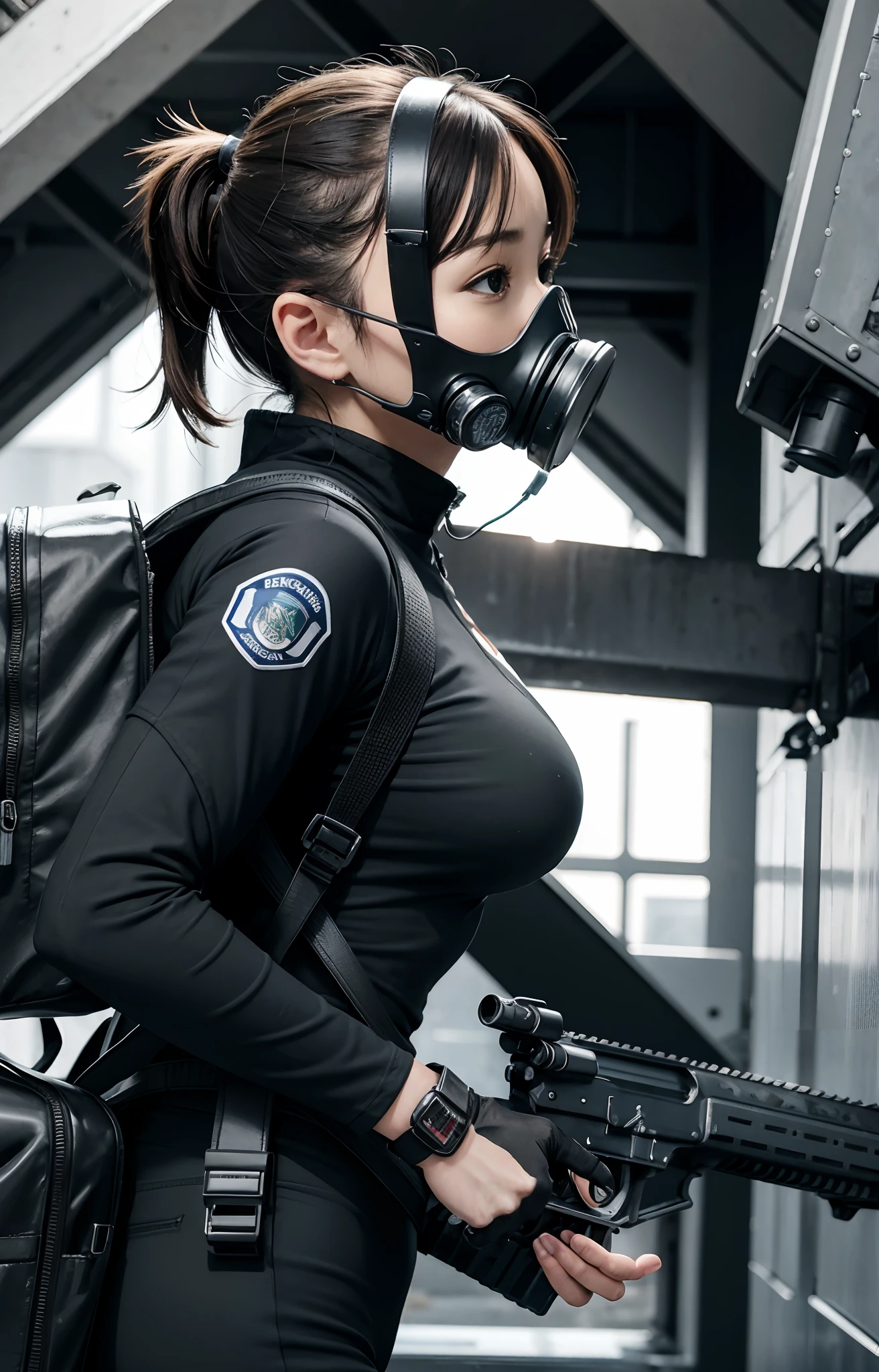 A woman in a gas mask holding a gun and a gun - SeaArt AI