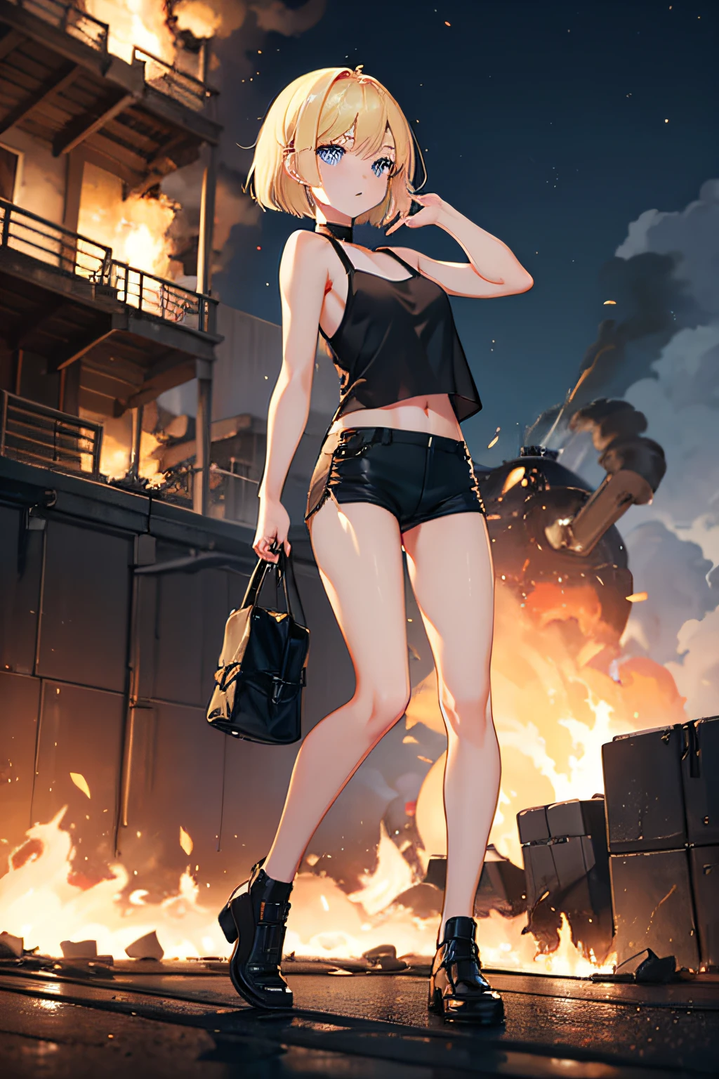 during night、Explosion and flames at the naval base、Exploding buildings、cute blonde girl、cute  face、elegant sleek smooth body、full body Esbian、Short bob hair、a blond、blue eyes、Black tank top、sexy black shorts、Wearing black shorts