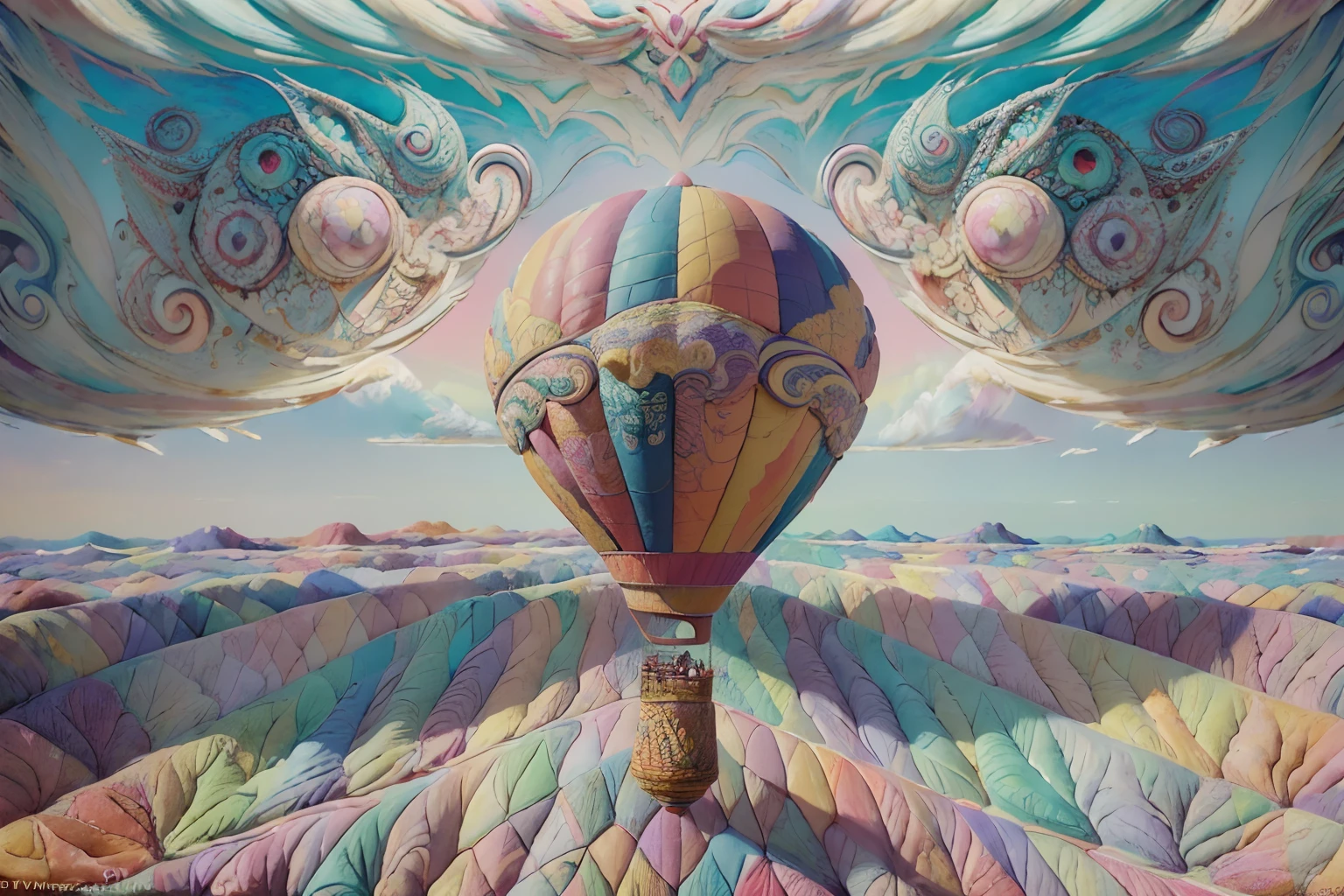 creative and dynamic illustration of a pie taking flight, crust and filling swirling and morphing into a hot air balloon with a touch of surrealism and fantasy, vibrant and colorful, sense of whimsy and wonder, floating above a picturesque wolf landscape, (((pastel color art of masterpiece:1.2))), (((intricate insane details and textures:1.3))),