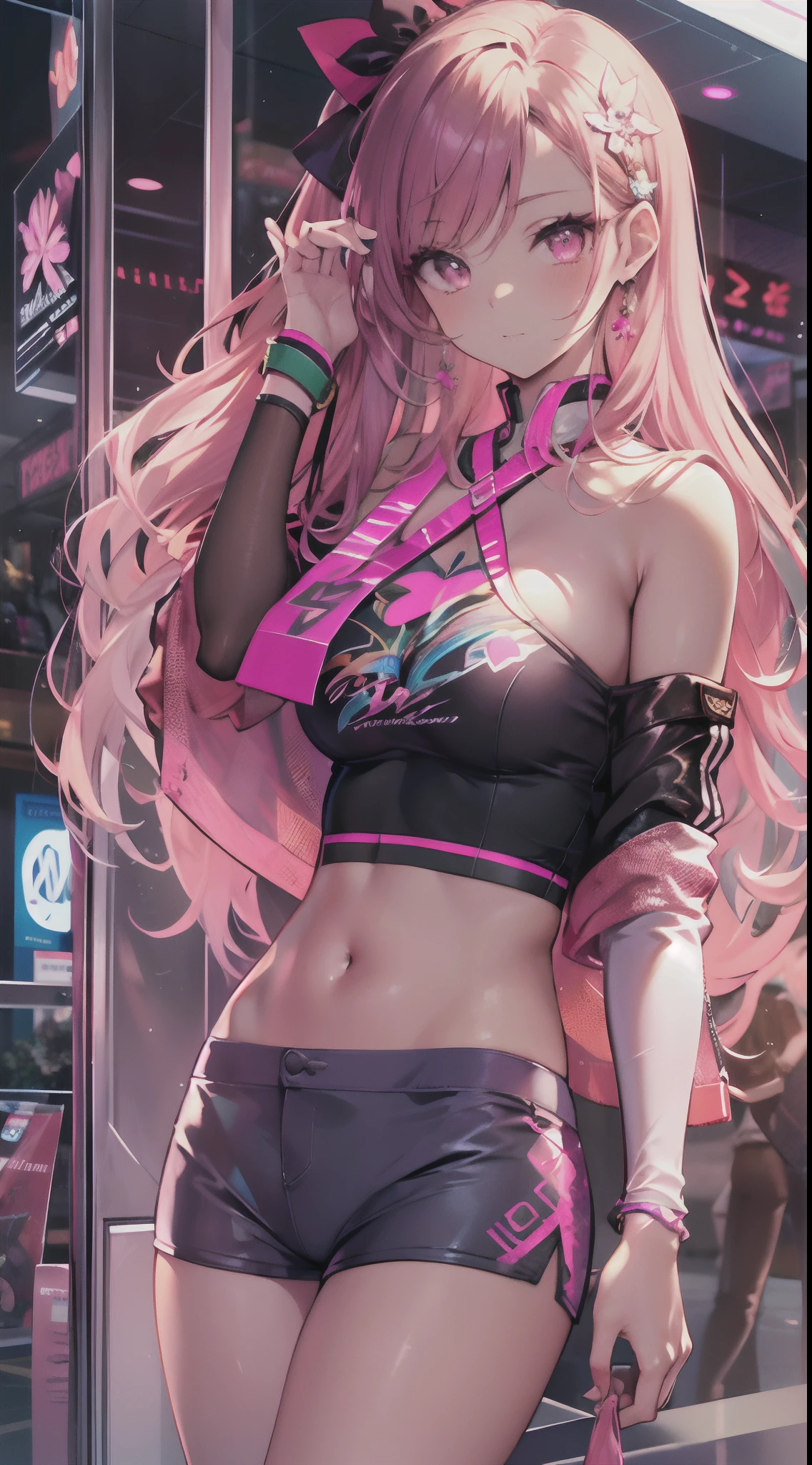 ((Masterpiece)), best quality, absurderes, ultra detailed, holographic, cowboy shot, golden ratio, super cute girl, mature girl, idol girl, super beautiful asian girl with very beautiful violet glowing eyes, beautiful glowing brown multicolored hair, high ponytail, nice and sexy body, slim body, perfect body, wearing a super tight anime print shorts, an anime printed super tight off shoulder long sleeve crop top, a super aesthetic transparent mini jacket, beautiful hair ornament, pink jordan tennis, being photographed in a mall shop, undressing, showing neon pink panties, showing thong, shorts pulled down,