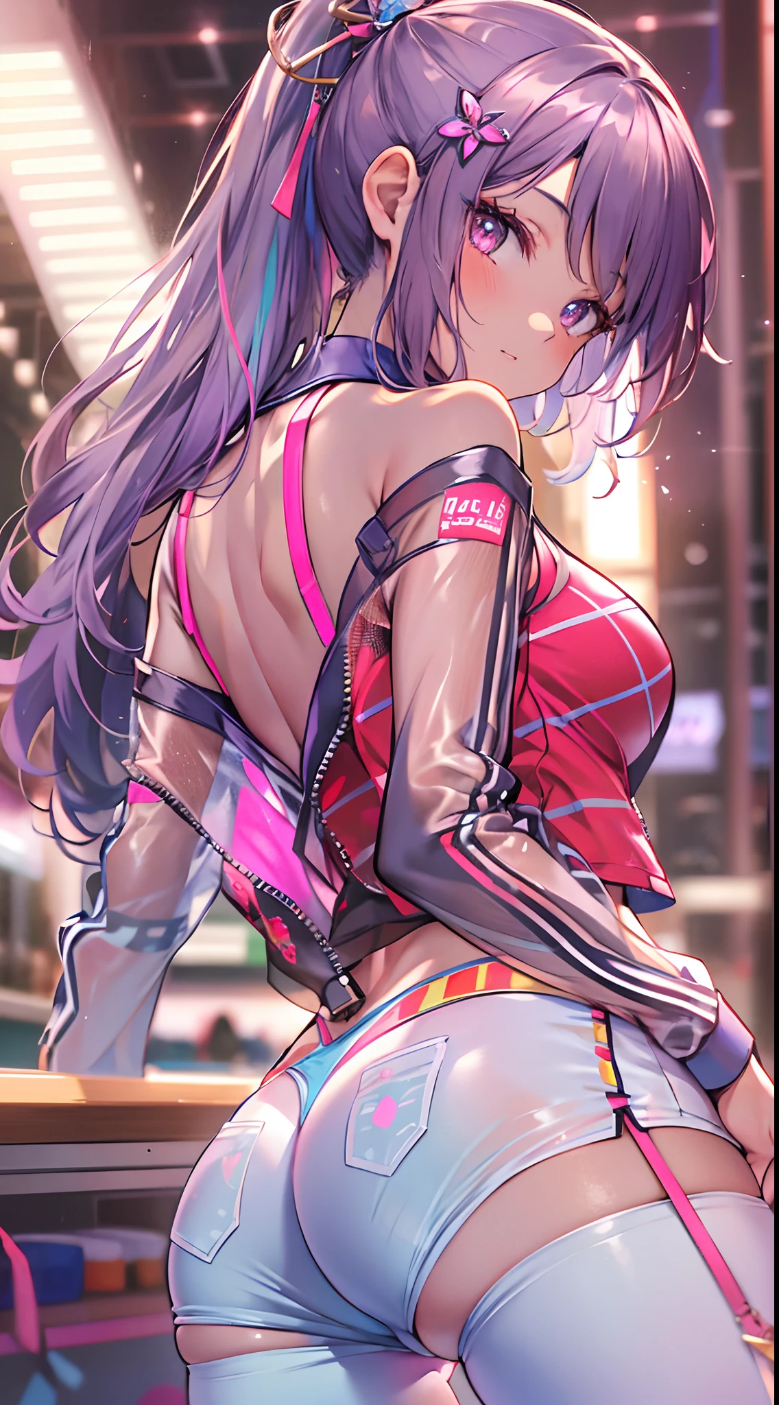 ((Masterpiece)), best quality, absurderes, ultra detailed, holographic, cowboy shot, golden ratio, super cute girl, mature girl, idol girl, super beautiful asian girl with very beautiful violet glowing eyes, beautiful glowing brown multicolored hair, high ponytail, nice and sexy body, slim body, perfect body, wearing a super tight anime print shorts, an anime printed super tight off shoulder long sleeve crop top, a super aesthetic transparent mini jacket, beautiful hair ornament, pink jordan tennis, being photographed in a mall shop, undressing, showing neon pink panties, showing thong, shorts pulled down,