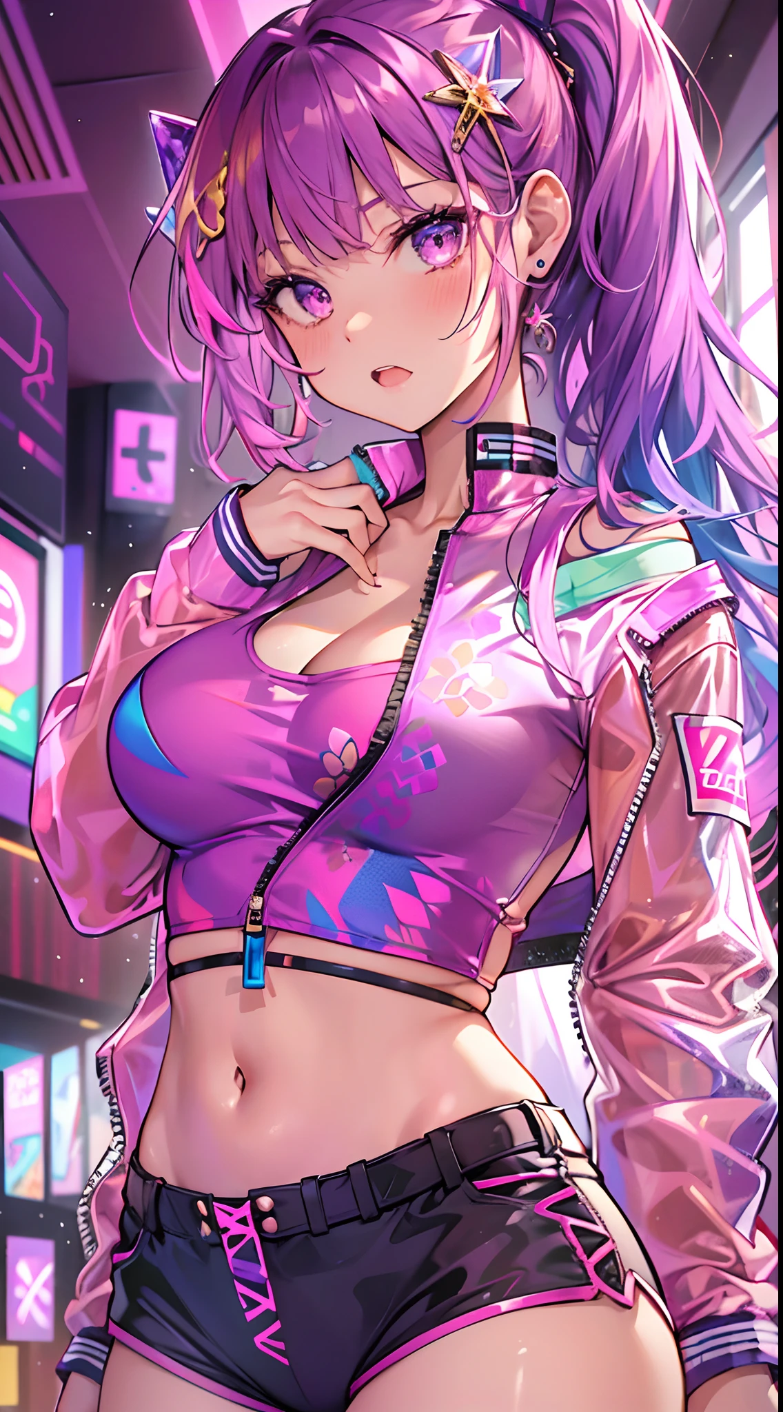 ((Masterpiece)), best quality, absurderes, ultra detailed, holographic, cowboy shot, golden ratio, super cute girl, mature girl, idol girl, super beautiful asian girl with very beautiful violet glowing eyes, beautiful glowing brown multicolored hair, high ponytail, nice and sexy body, slim body, perfect body, wearing a super tight anime print shorts, an anime printed super tight off shoulder long sleeve crop top, a super aesthetic transparent mini jacket, beautiful hair ornament, pink jordan tennis, being photographed in a mall shop, undressing, showing neon pink panties, showing thong, shorts pulled down,