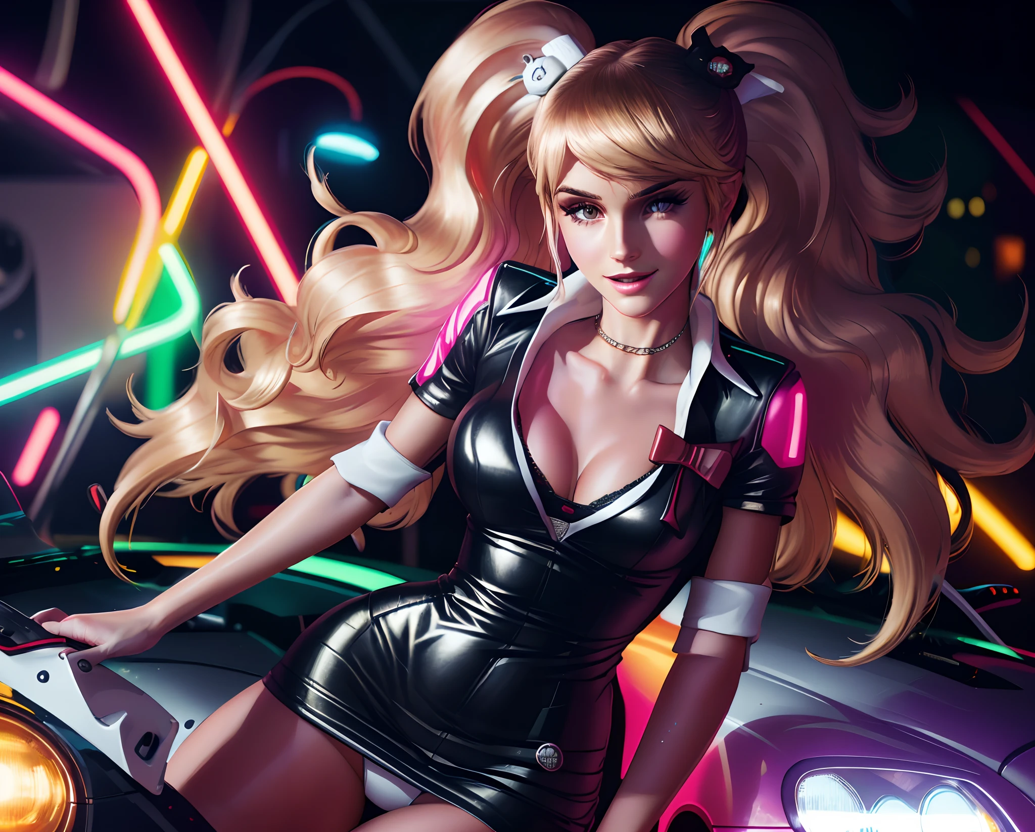 style, robot, (neon lights: 1.1), bright colors, (thepit bimbo :0.5), bright, sexy,

[Lana Del Rey| Emma Watson],, looking at the viewer, smile, symmetrical, centered, closeup, extreme closeup, upper body, cleavage focus,
milf, female, athletic, fit, tall, tanned skin, European, minidress, lively, smile, glowsticks, disco,
golden contour, (STANCE), masterpiece, best quality, official art, extremely detailed 8k CG unit wallpaper, illustration, light, car, bright, sports car, vehicle focus, road, ((need for speed)), ((NFS)), moving, wet, neon lights, drift, (MARKII)
[(color colors of psychedelic explosion painting:1.1)::0.125],
iridescent, chromatic aberration, studio lights, bright light, glowing skin,
realistic, realistic, photo-realistic, 8k, highly detailed, body proportions,
led light, laser lights, grumpy