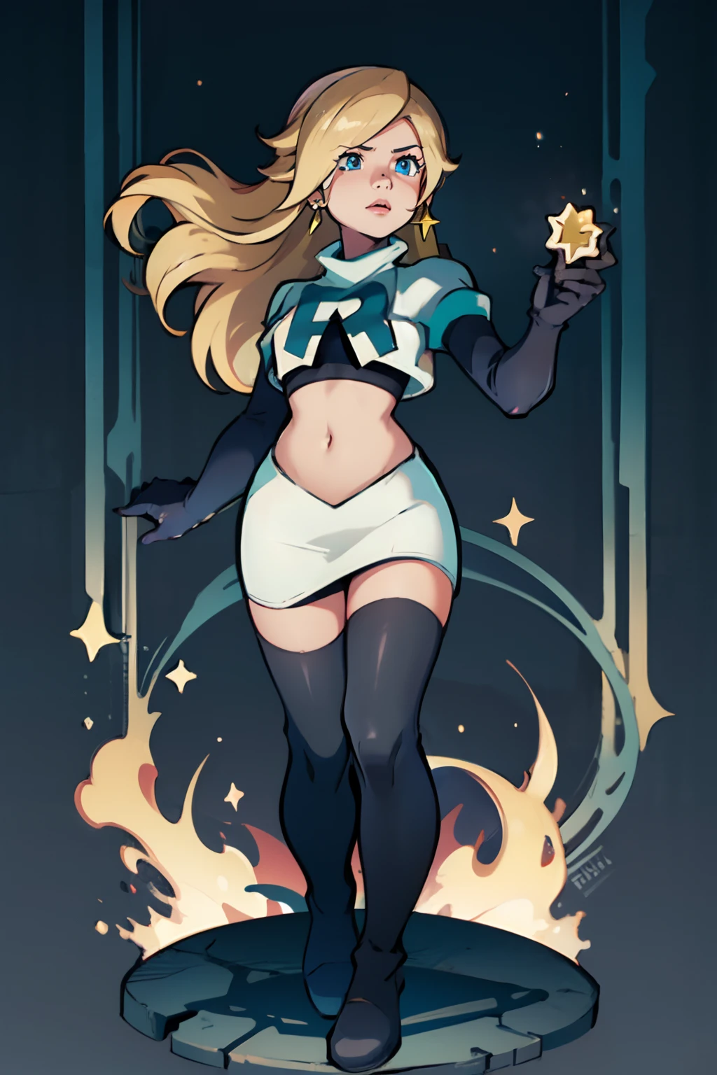 rosalina,team rocket,team rocket uniform, red letter R, white skirt,white crop top,black thigh-highs,black elbow gloves, floating