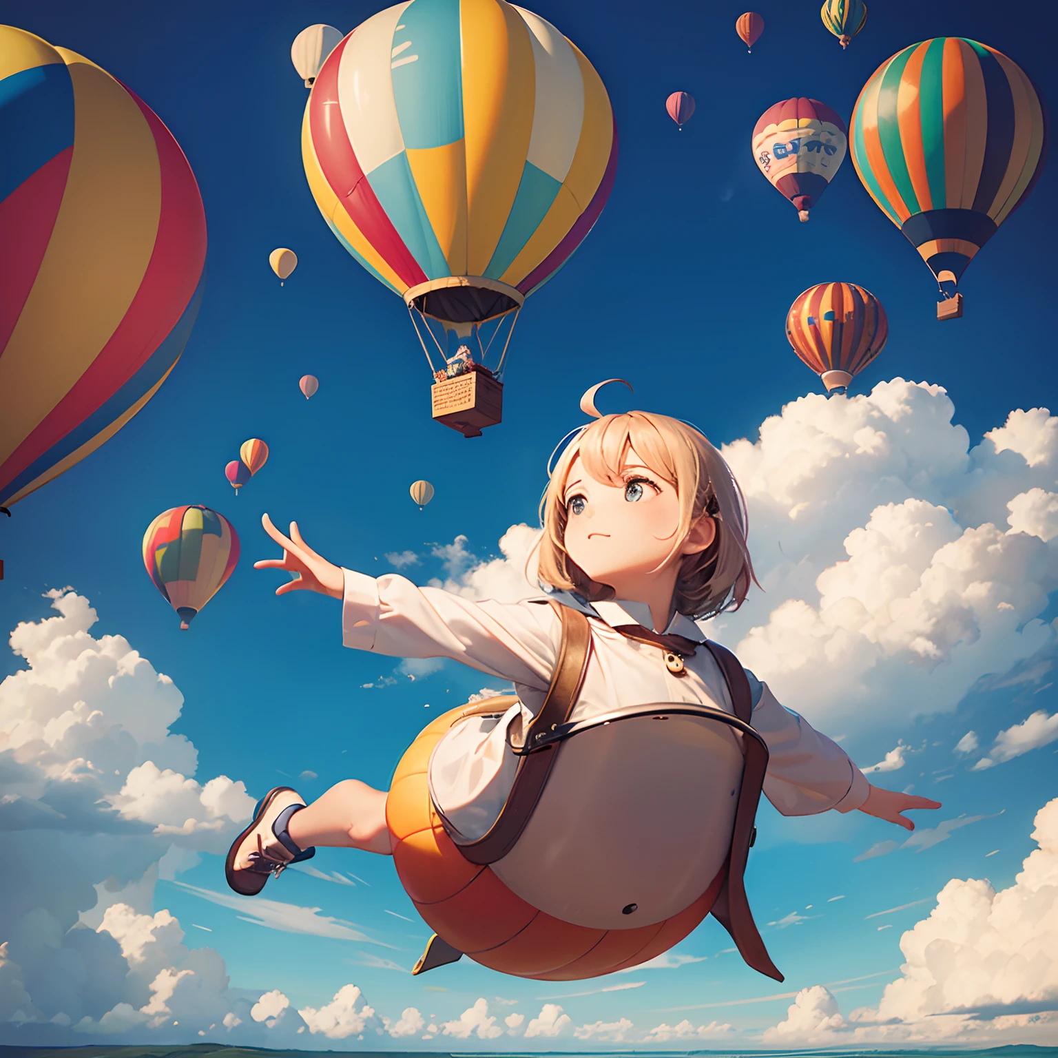 finest image, hot air balloon made of deformed comical characters, viewing the ground from the space