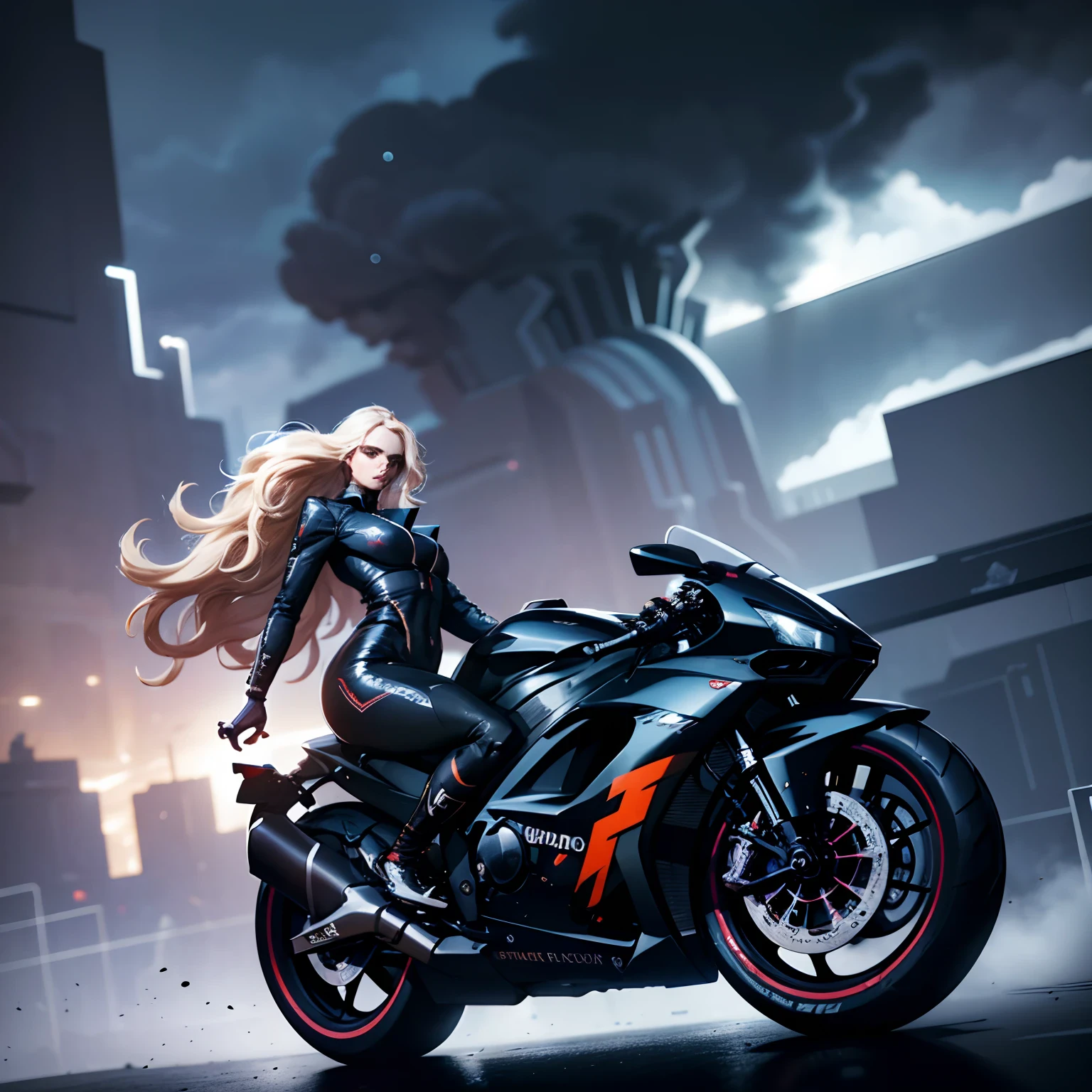 beautiful girl in racing outfits, futuristic black car in the background, black and blue, darktones, front view, lightening, stormy sky, epic composition, cinematic, studio lighting, volumetric lighting, instagram model, epic composition, appeal, masterpiece, posing for a photo, movie poster, comic style