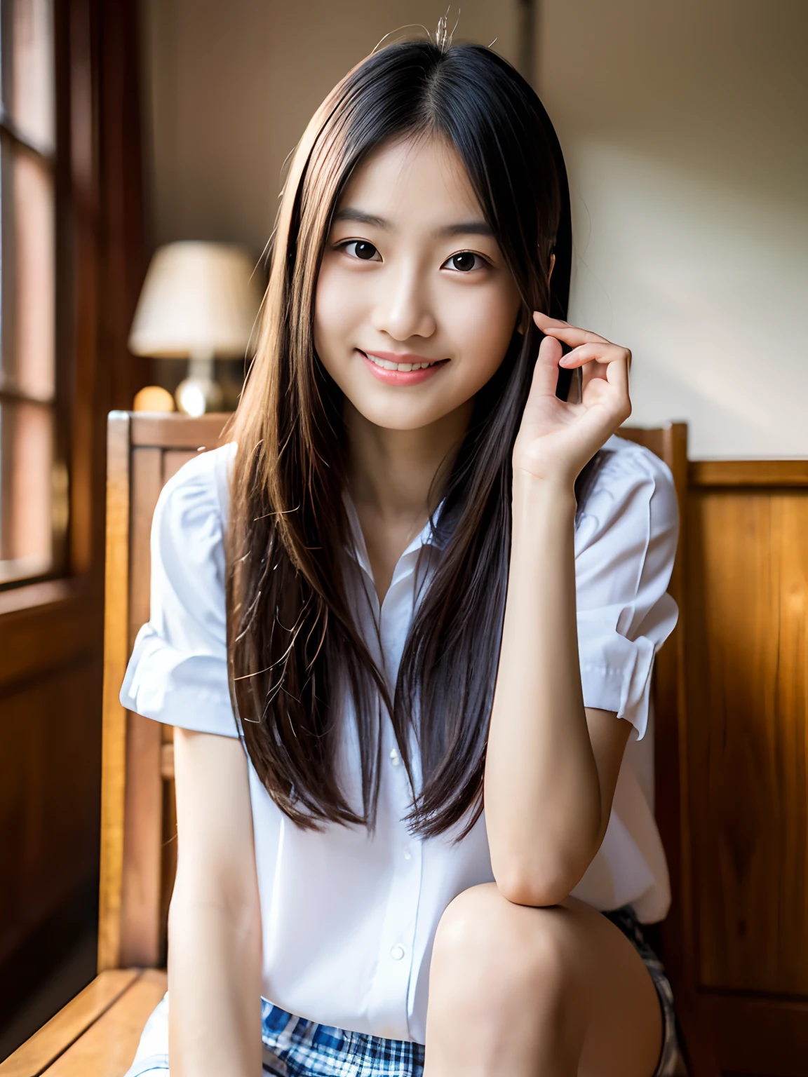 1 Nogizaka Musume, Very cute, a beauty girl, , Beautiful face, eyes and skin with exquisite detail, Detailed black hair, Smile at the camera, cowboy  shot, the way from school to home, profetional lighting, BREAK, (realisitic, Photorealsitic:1.37), 8K, (​masterpiece), (top-quality:1.4), (超A high resolution:1.2), (Raw photography:1.2)、(super detailed beautiful cloths)、perfect anatomia、4fingers and 1thumb、hyper detailed background、(Wallpapers by Unity 8K)、Sit on a chair and open your legs、Underwear is white