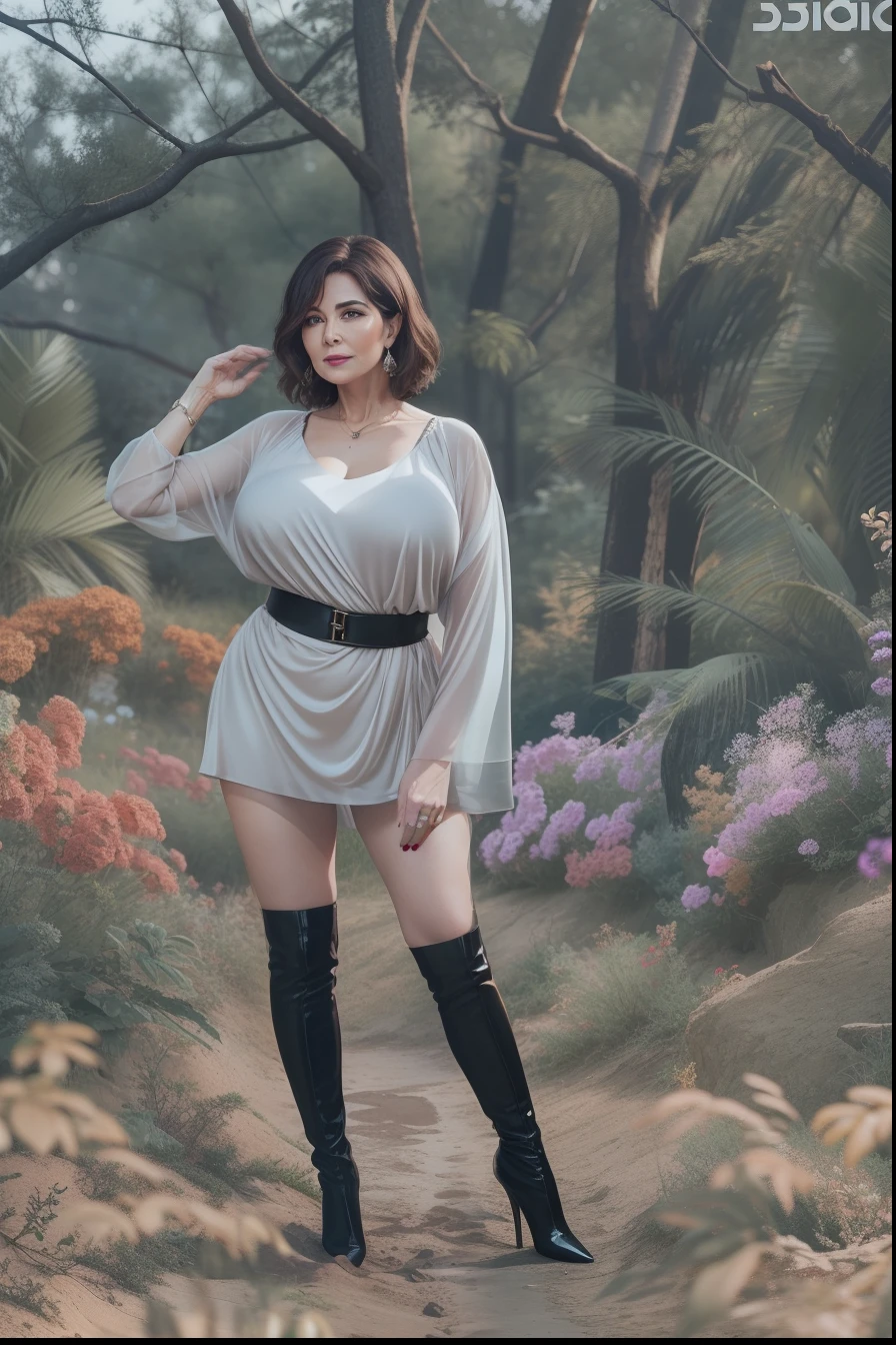 Portrait of a 60-year-old woman with short brown hair, a captivating gaze, Brown eyes, Wrinkles on her face, She wears a very sexy black evening dress that reveals big flabby breasts, Light makeup and red lips. 32K