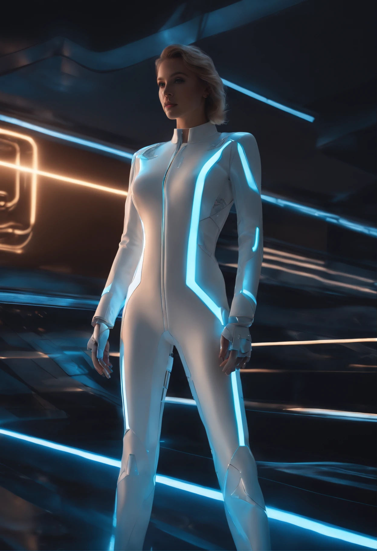 Digital Girl, Parts Hologram, (Best Quality,4K,8K,hight resolution,masutepiece:1.2),Ultra-detailed,(Realistic,Photorealistic,Photorealsitic:1.37), Vivid colors, Bokeh, 3D Rendering, interactive art, Futuristic landscape, Luminescent circuit pattern like the art of French painter Moebius, cyberpunk aesthetic, Bright blue neon light, Pixelated effects, glowing particles, Motion Blur, glitch effect, High-tech fashion, Holographic makeup, Reflective surfaces, Dynamic Posing, sleek, Mobius-inspired design, Immersive virtual reality environments.Movie Tron、moebius、Syd Mead、Kevin Flynn、tron(1982,movie),Pure white suit covering the whole body、Movie Tron Helmet、Electronic circuit pattern、Cindy Morgan、Lola、Short-cut hairstyles、Helmet integrated with round white suit、Neon pattern on helmet、Tron Design、Pure white smooth full-body suit、Tron suit imitating electronic circuits in white and blue tones、The background is、It is a neon pattern of a complex electronic circuit that emits green light.., Red, Orange light instead of pink、The white suit is、This is a line state pattern of a fine blue electronic circuit design that emits light..、The white suit does not reflect the background color very well、Lonely pose is、Strongly evoked by the atmosphere of the 1982 film Tron.、In particular, The design is finely drawn with a luminescent blue line that mimics the electronic circuitry of a suit covering the whole body..、Overall the helmet and suit are perfect