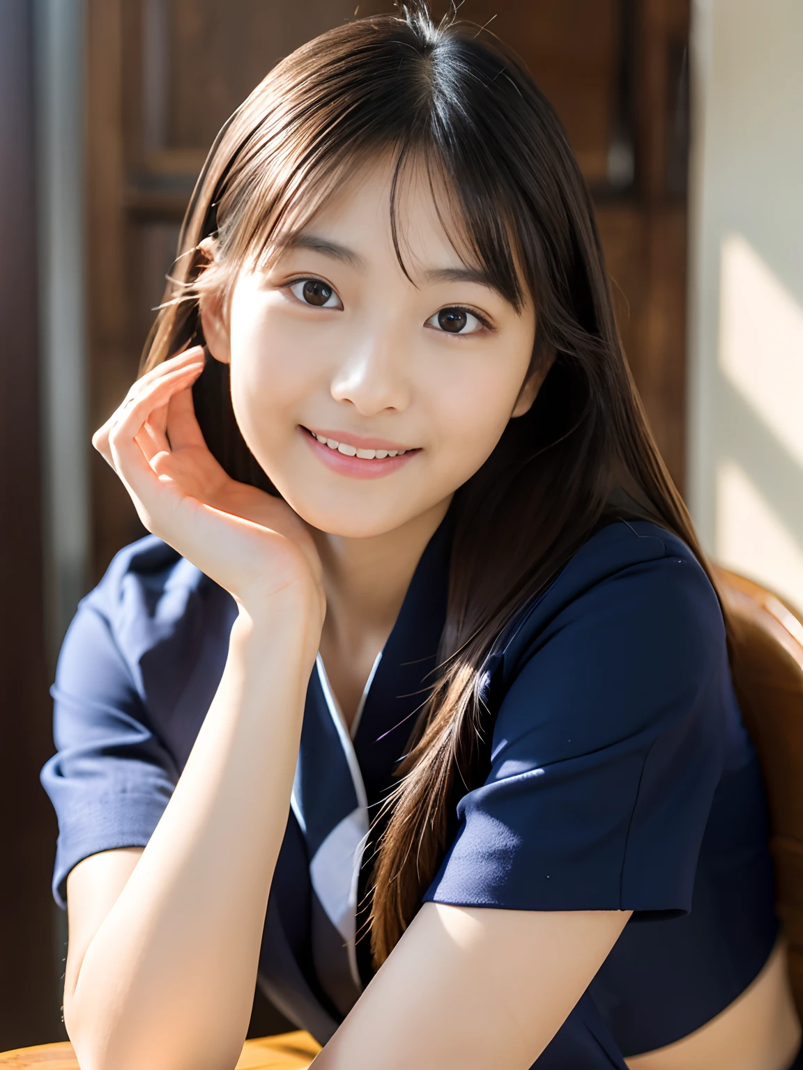 1 Nogizaka Musume, Very cute, a beauty girl, , Beautiful face, eyes and skin with exquisite detail, Detailed black hair, Smile at the camera, cowboy shot, the way from school to home, profetional lighting, BREAK, (realisitic, Photorealsitic:1.37), 8K, (masterpiece), (top-quality:1.4), (超A high resolution:1.2), (Raw photography:1.2)、(super detailed beautiful cloths)、perfect anatomia、4fingers and 1thumb、hyper detailed background、(Wallpapers by Unity 8K)、Sit on a chair and open your legs、Underwear is white