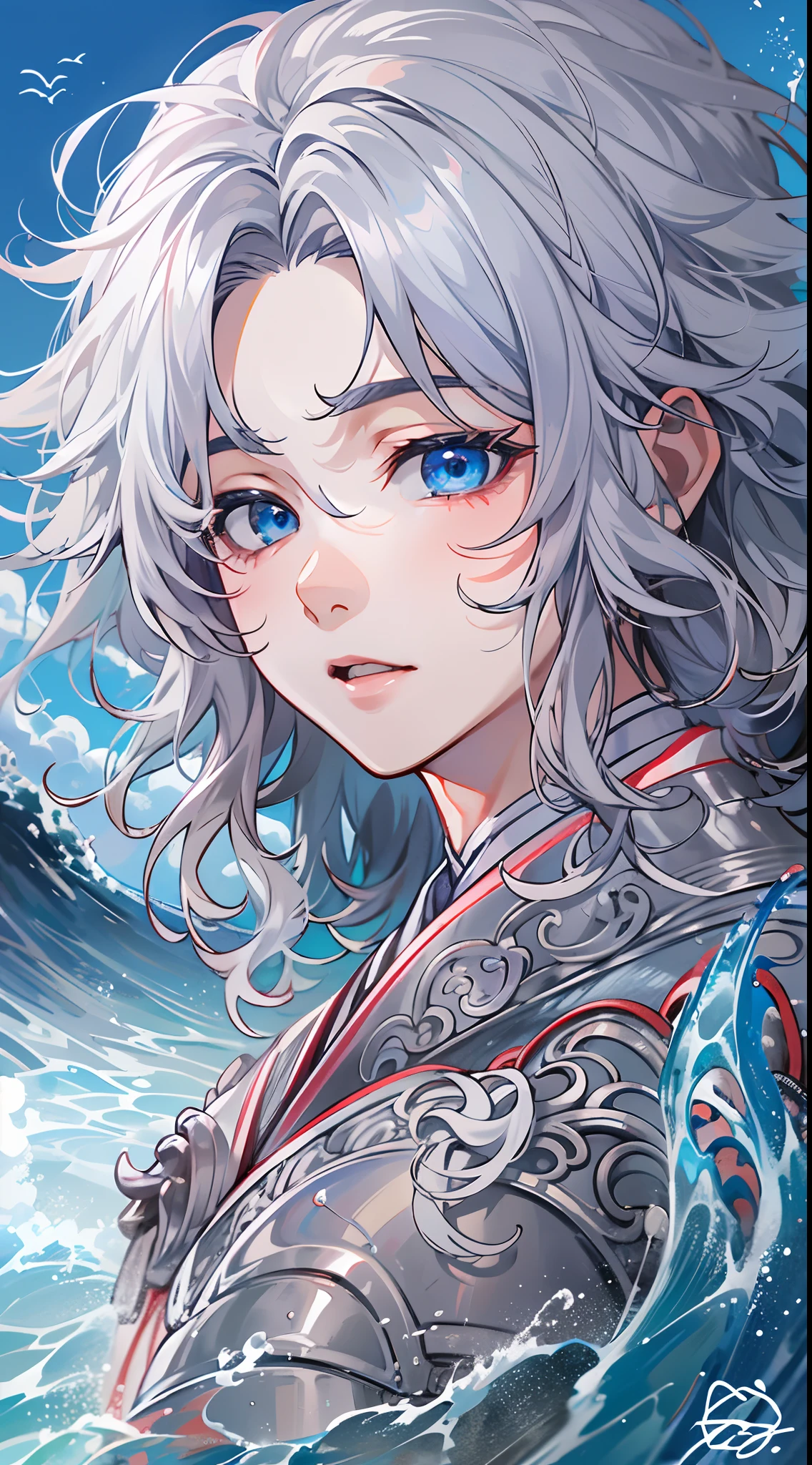 tmasterpiece,Need,超高分辨率,shoun,Chinese ancient style,(Short silver-gray hair),blue color eyes,Libido boy,adolable,Water god,The corals,Clouds,wave,Kamimei,Armour,Step on the waves