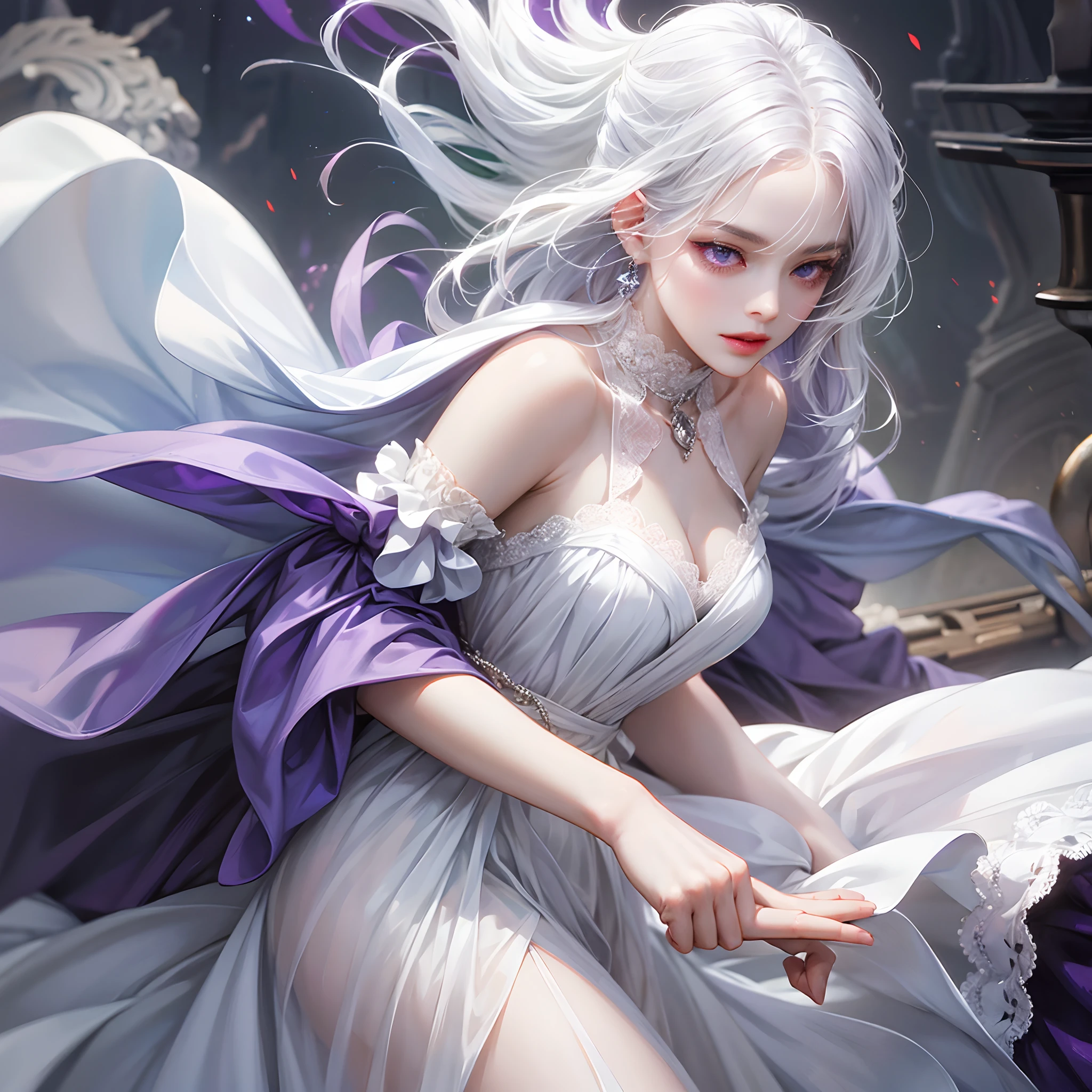 a women, white hair, purple eyes, white dress