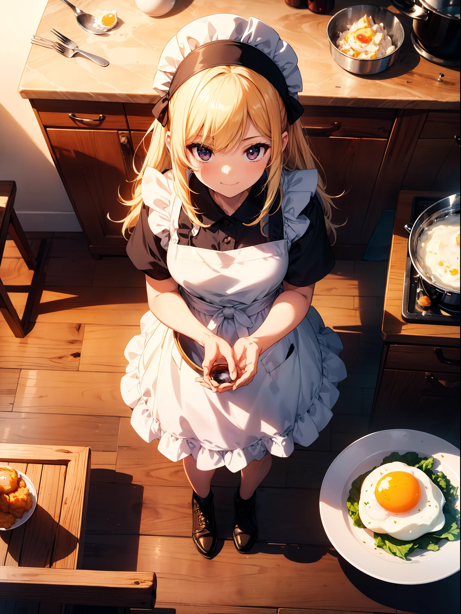 1 girl, cooking fried egg , character focus, close to viewer,from above, smile , apron , high resolution,(incredibly absurdres), (hires.fix:1.3),anime visual,extremely detailed CG unity 8k wallpaper, ((masterpiece)), ((top-quality)), (beautiful illustration,background Tento), ((an extremely delicate and beautiful))