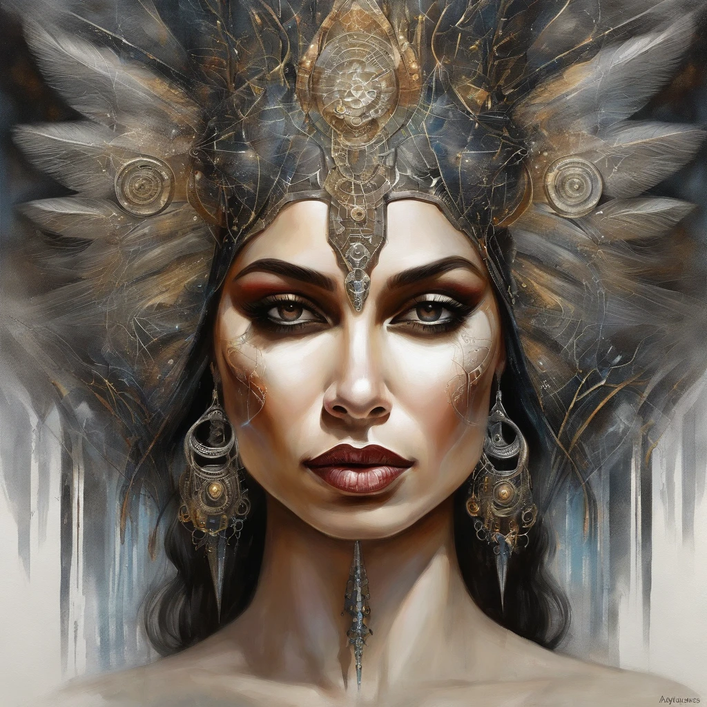 futuristic indigenous futurism,actress priyanka chopra as An advanced cybernetic cyborg indian Hindu goddesses of war, sensuality,artistic details,cyberpunk hindu mythology,epic sci-fi fantasy, centered,in the style of Nick Alm fantastical futuristic fantasy compositions, dark prism, dark, metallic compositions, symmetrical arrangements, cybernetic ethereal iridescent metallic colors , distinctive noses, ethereal,blood splatter colorful, eye-catching metallic compositions, symmetrical geometry, distinctive noses, gothic references, with a bold lines and streaks of black,white,red, gold and silver, fantasy sci-fi art, a detailed painting, ,Alex Alemany merge Karol Bak