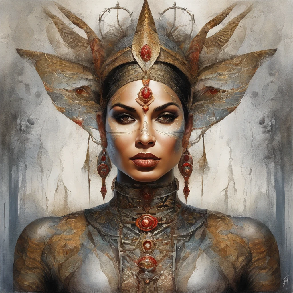 futuristic indigenous futurism,actress priyanka chopra as An advanced cybernetic cyborg indian Hindu goddesses of war, sensuality,artistic details,cyberpunk hindu mythology,epic sci-fi fantasy, centered,in the style of Nick Alm fantastical futuristic fantasy compositions, dark prism, dark, metallic compositions, symmetrical arrangements, cybernetic ethereal iridescent metallic colors , distinctive noses, ethereal,blood splatter colorful, eye-catching metallic compositions, symmetrical geometry, distinctive noses, gothic references, with a bold lines and streaks of black,white,red, gold and silver, fantasy sci-fi art, a detailed painting, ,Alex Alemany merge Karol Bak