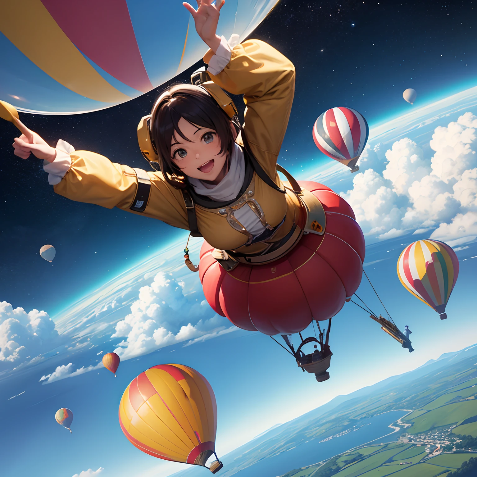 finest image, hot air balloon made of deformed comical characters, viewing the ground from the space