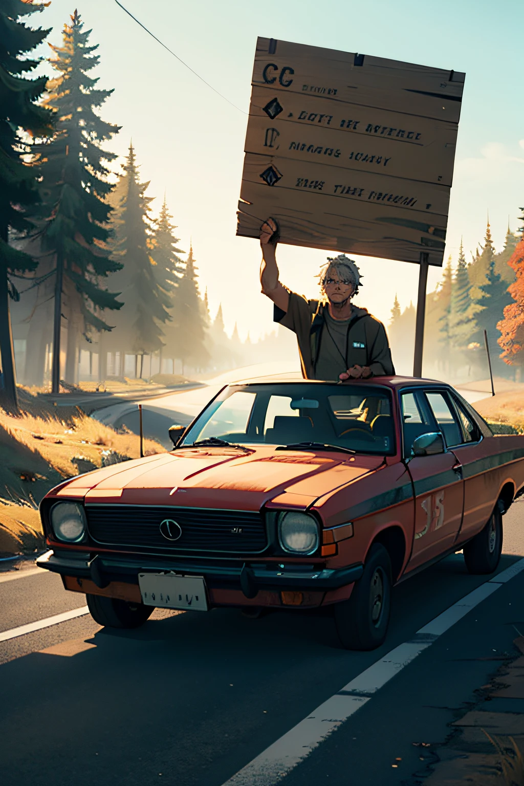 (realistic) A man holding a protest sign, arms raised above his head, stands atop an old rusty car on the side of the road. The man's facial expression is determined and passionate. The sign he holds is large and eye-catching, with bold, colorful text that conveys his message clearly. The car beneath him is weathered and worn, covered in rust and scratches, adding to the overall sense of isolation. The surrounding environment is desolate, with sparse trees and an empty road stretching into the distance. The image should have a photo-realistic quality, with every detail, from the texture of the sign to the rust on the car, rendered in high definition. The colors should be vivid and true to life, capturing the essence of the scene. The lighting should be natural, with sunlight casting shadows and illuminating the man and his surroundings. --auto