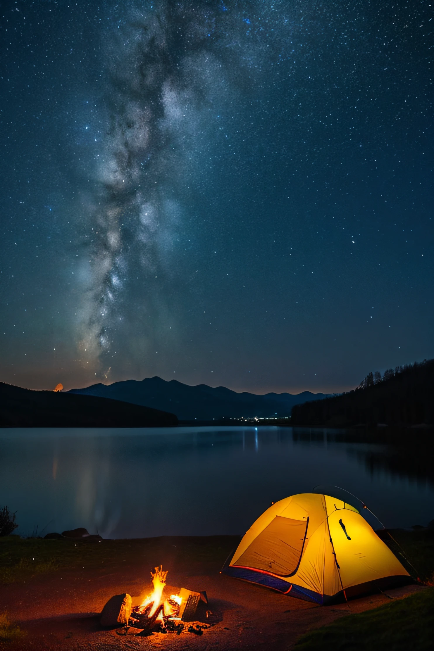 lake,Winter night sky、Burning fire,campsite,landscapes、starrysky、hight resolution, Best Quality, High quality