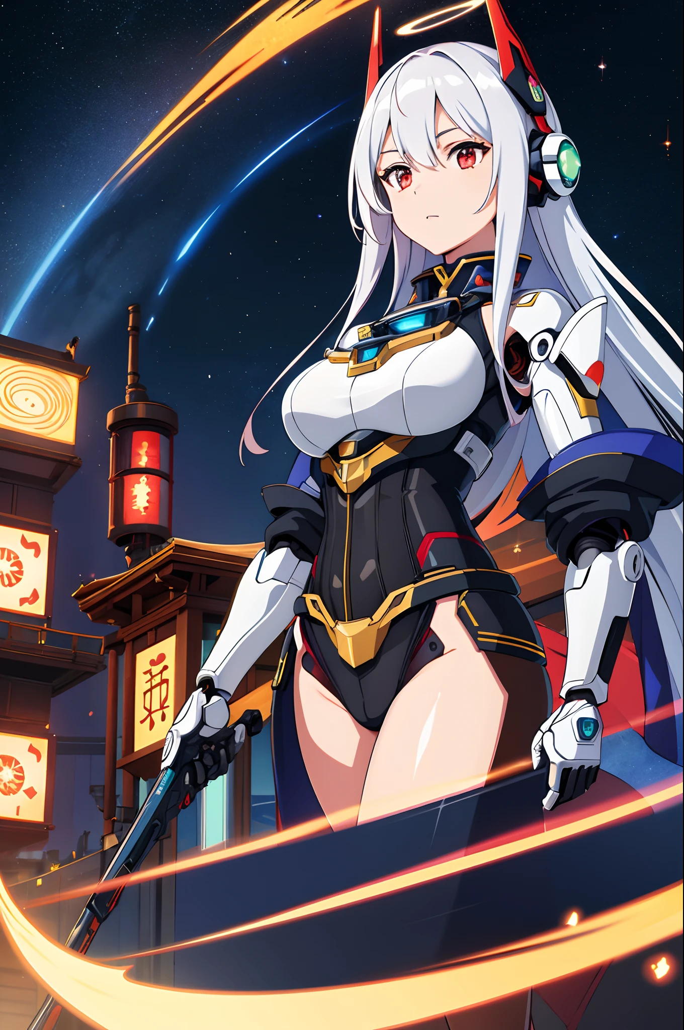 masterpiece, best quality, 1girl, solo, ultra-detailed, very detailed illustrations, extremely detailed, intricate details, highres, super complex details, extremely detailed 8k cg wallpaper, cowboy shot, caustics,reflection,ray tracing,demontheme,nebula,dark aura,cyber effect, (1girl:1.4),solo,alone,mecha musume,mechanical parts, robot joints,single mechanical arm, headgear, mechanical halo,star halo,intricate mechanical bodysuit, mecha corset, kimono, full armor, very long hair,white hair, hair between eyes, multicolored hair, colored inner hair, red eyes,glowing eye,eye trail, random expressions,random action, ancient japanese architecture,pond, starry sky,skyline, mecha musume, mechanical parts, robot joints,headgear, full armor