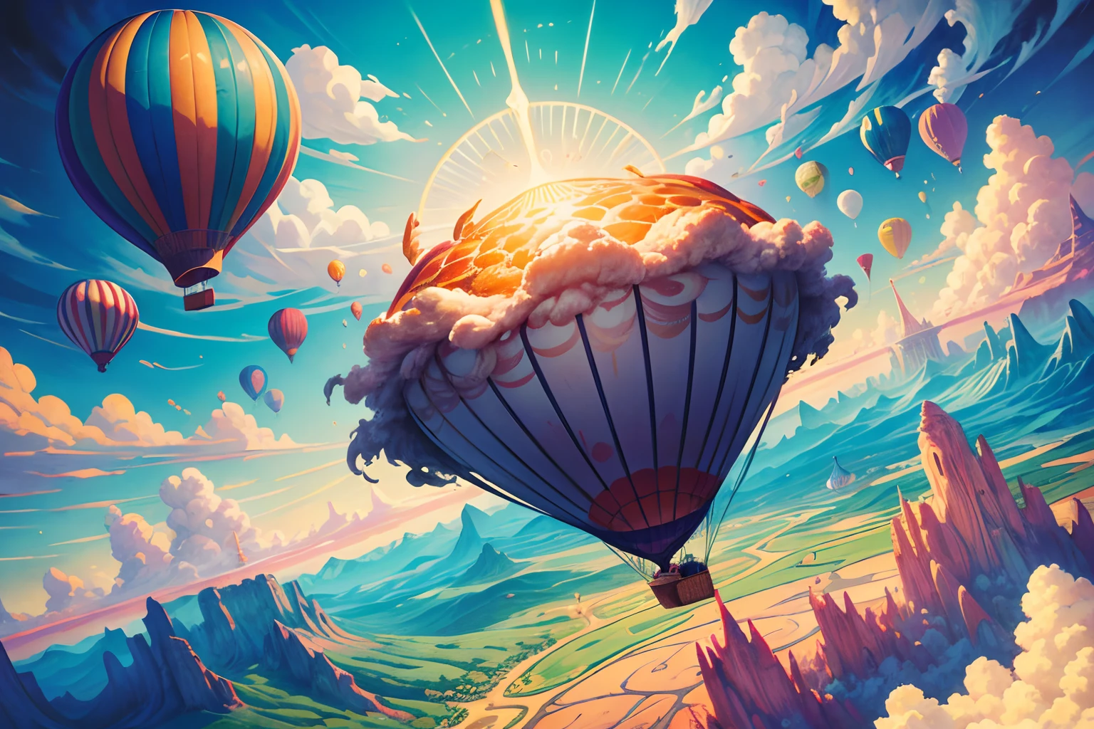 creative and dynamic illustration of a pie taking flight, crust and filling swirling and morphing into a hot air balloon with a touch of surrealism and fantasy, vibrant and colorful, sense of whimsy and wonder, floating above a picturesque wolf landscape, pastel color art of masterpiece, intricate insane details and textures,